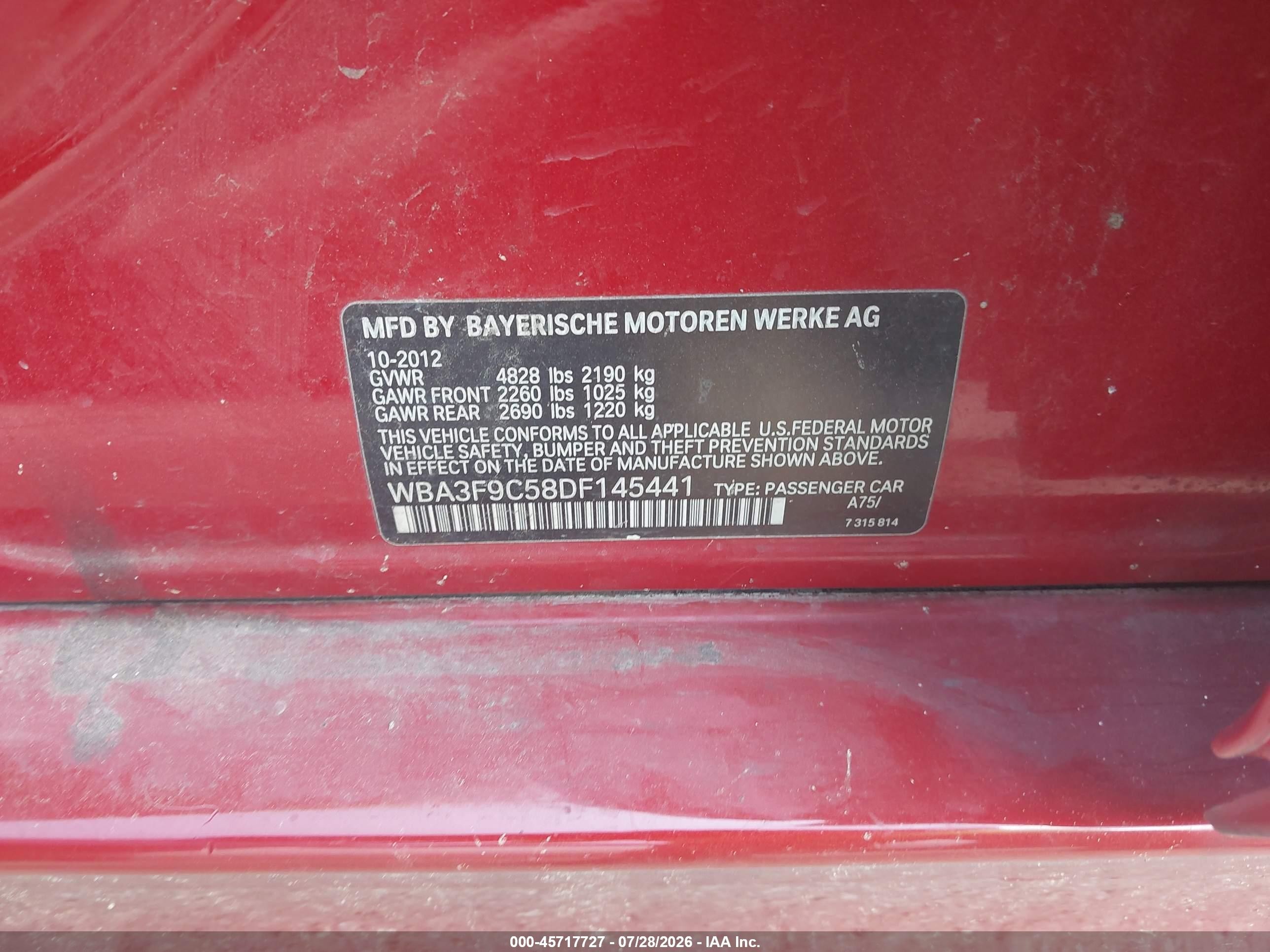 2013 Bmw Activehybrid 3   Red vin: WBA3F9C58DF145441