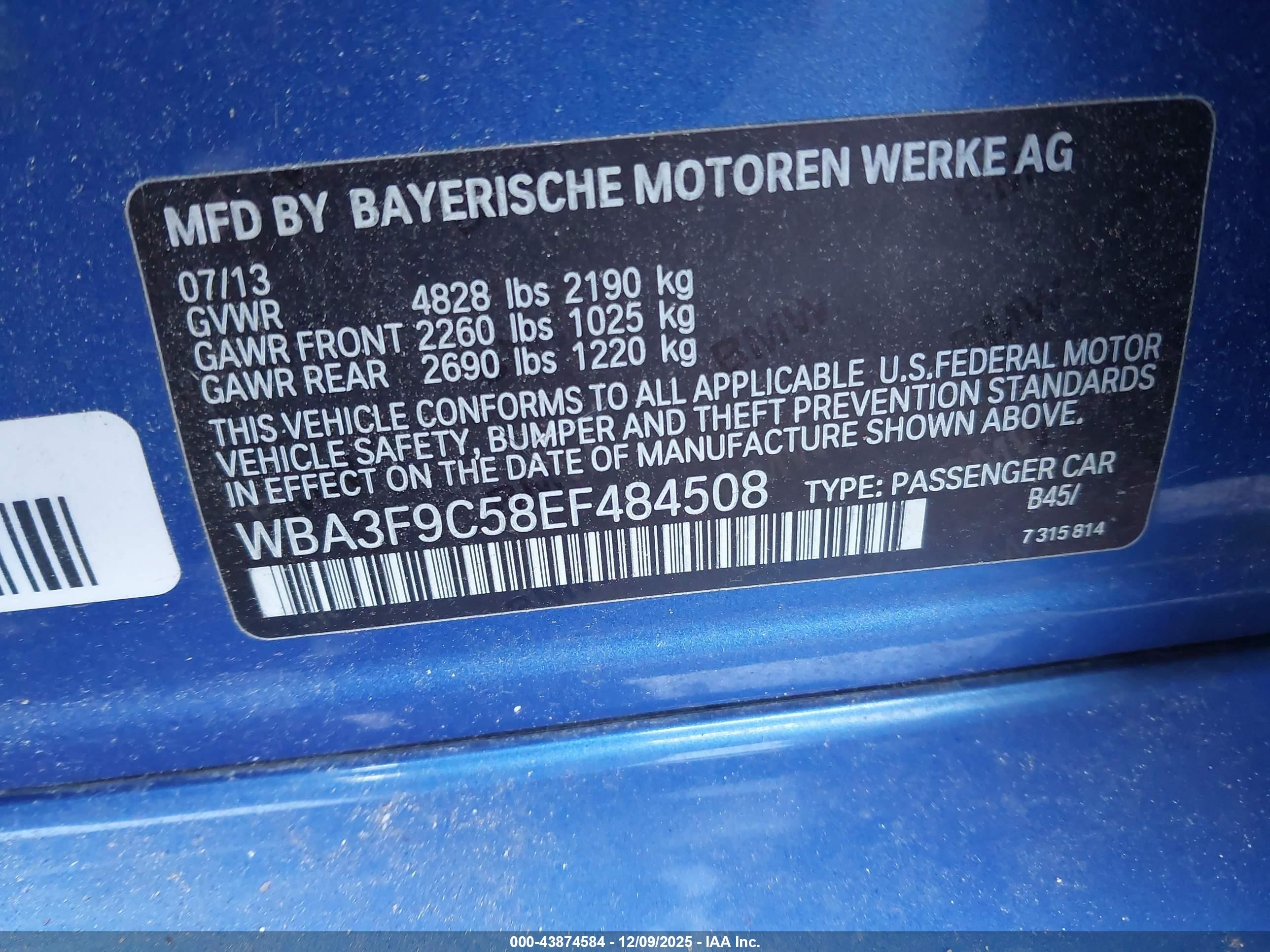 2014 Bmw Activehybrid 3   Blue vin: WBA3F9C58EF484508