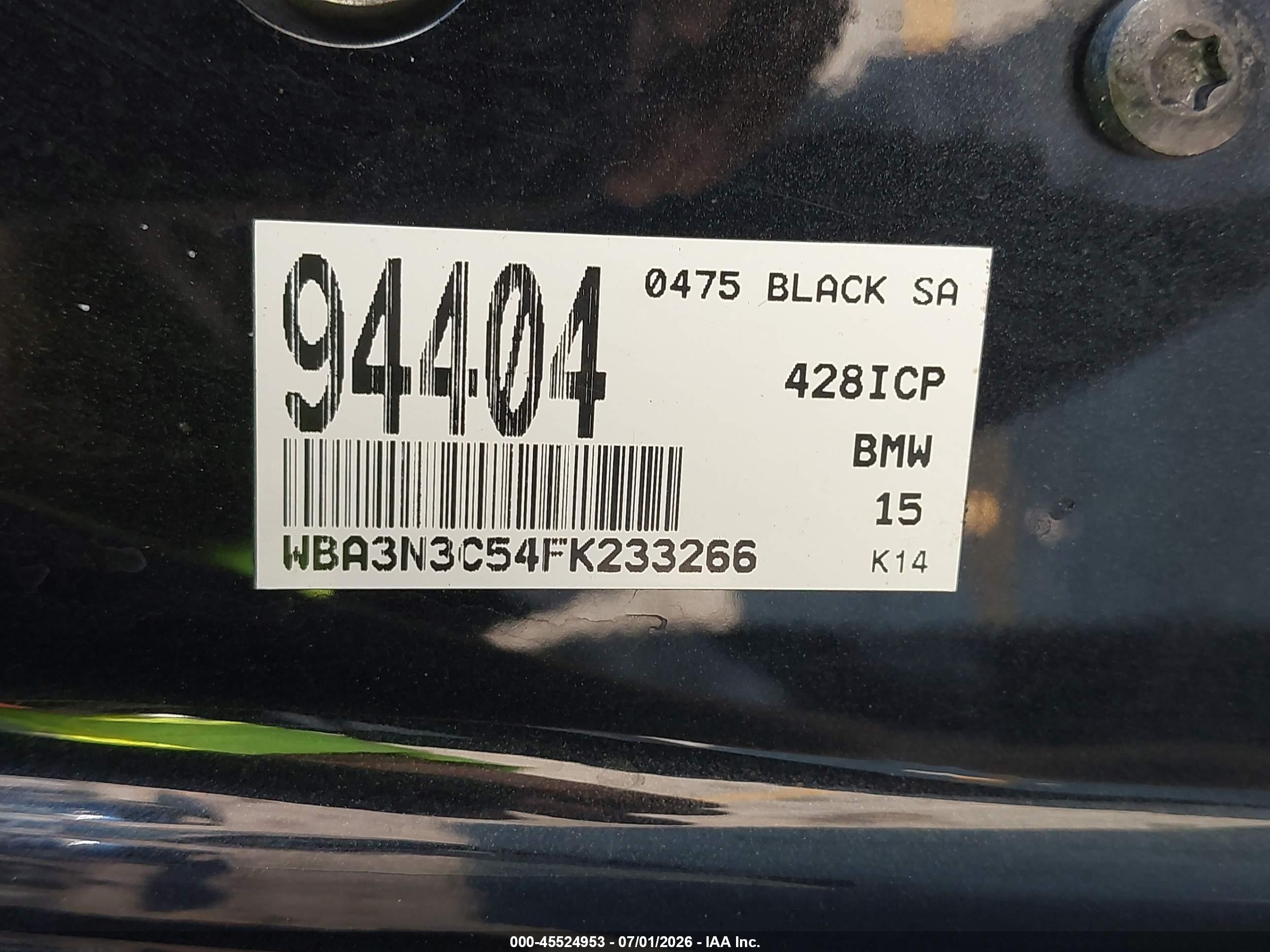 2015 Bmw 428i Black vin: WBA3N3C54FK233266