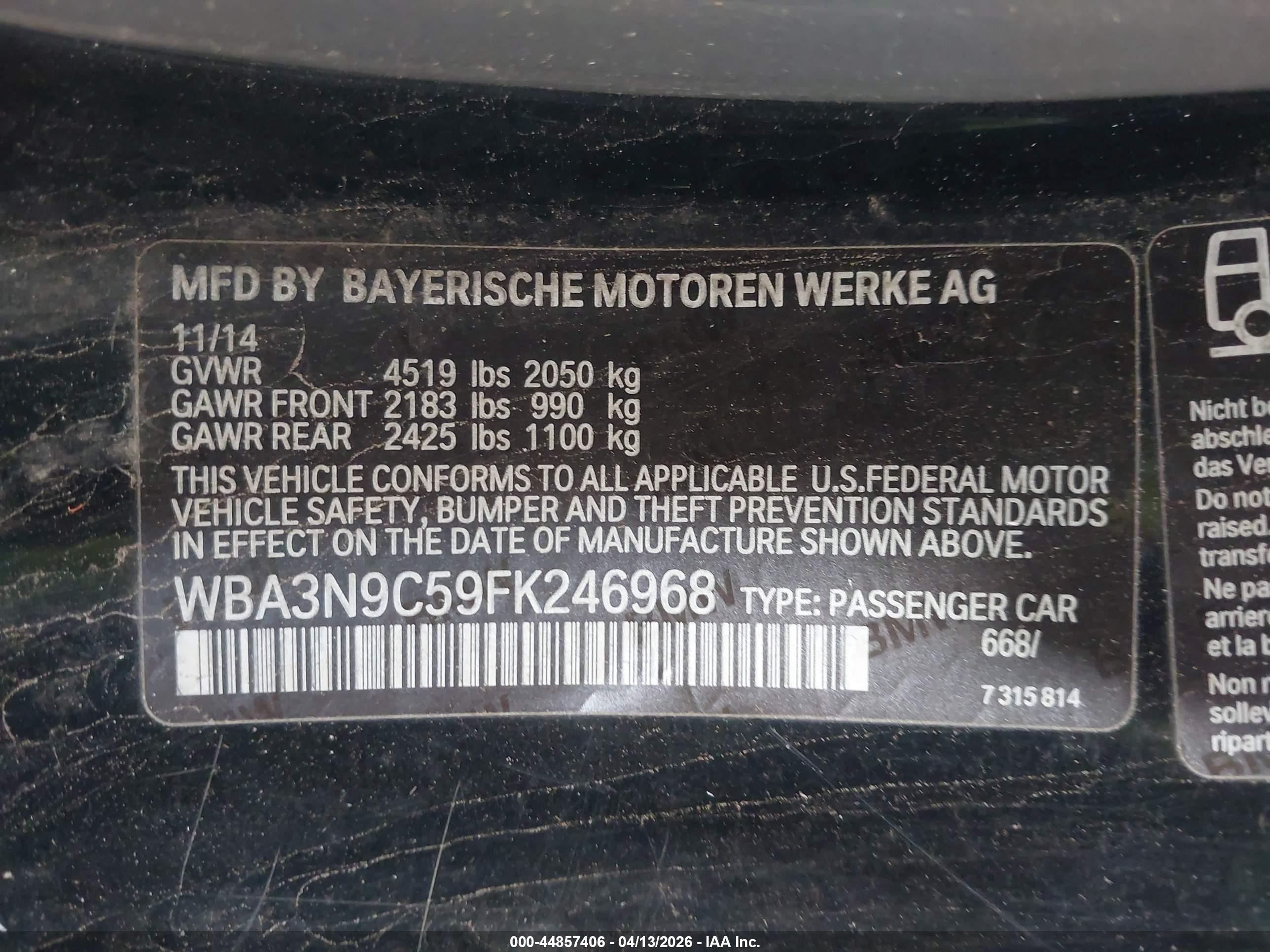 2015 Bmw 428i Xdrive Black vin: WBA3N9C59FK246968