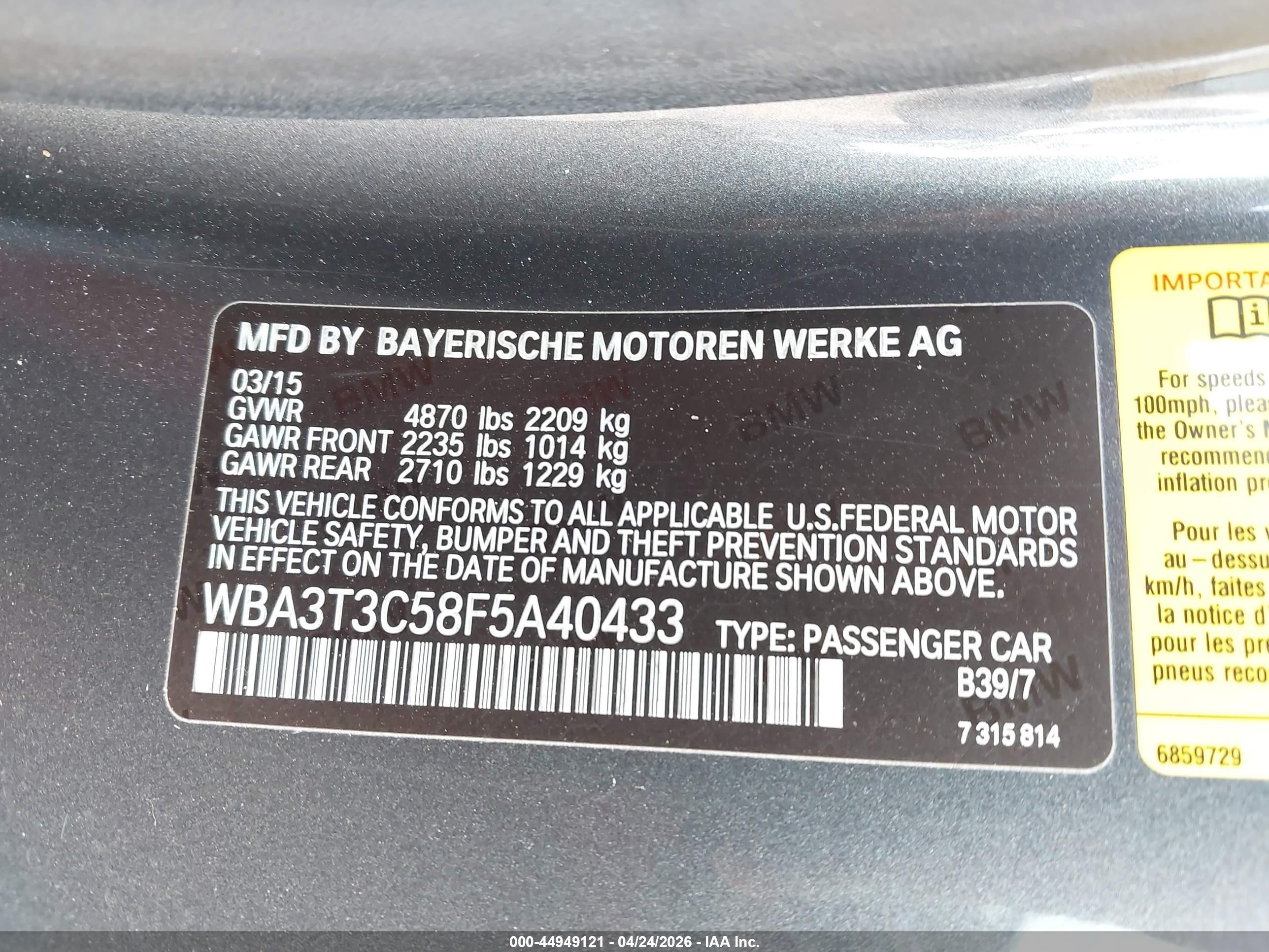 2015 Bmw 435i Gray vin: WBA3T3C58F5A40433