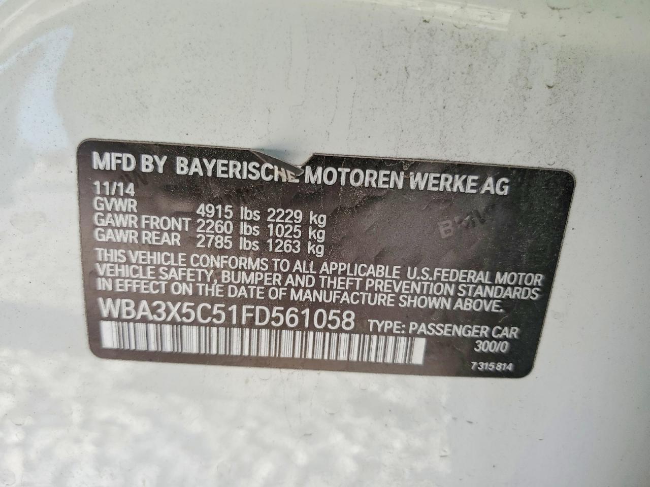 2015 Bmw 328 Xigt White vin: WBA3X5C51FD561058
