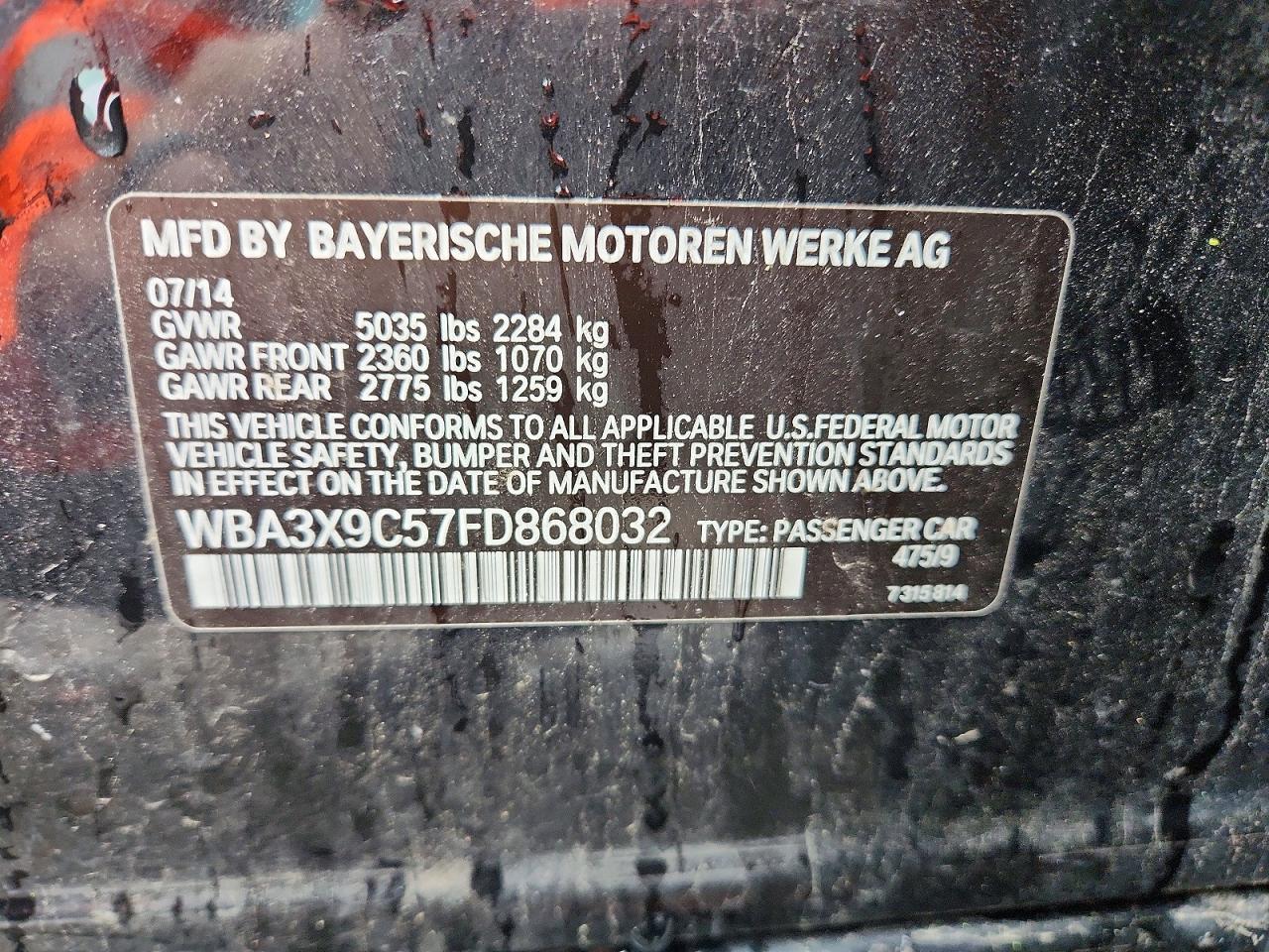 2015 Bmw 335 Xigt Black vin: WBA3X9C57FD868032