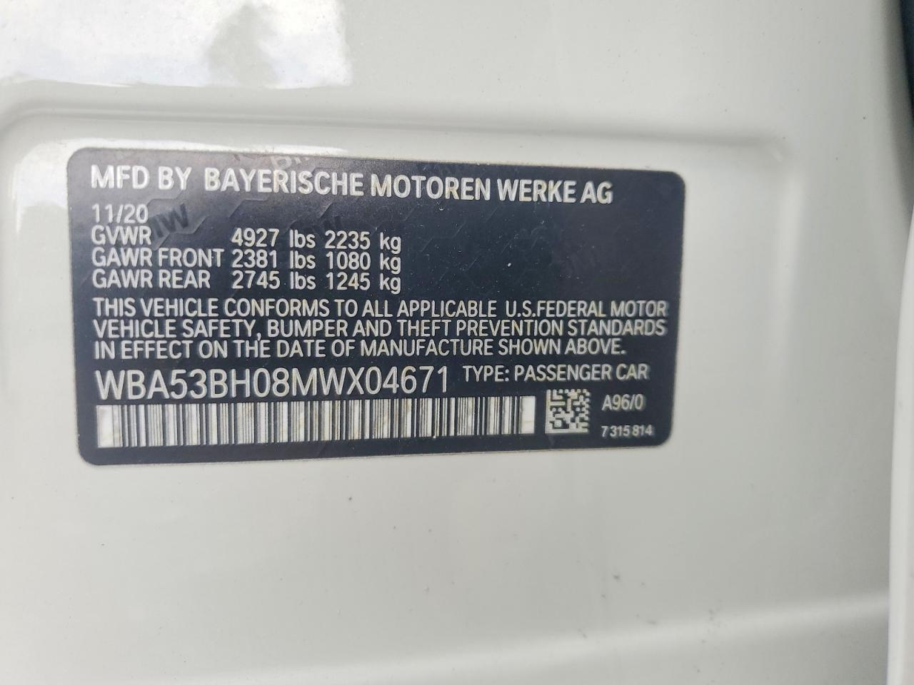 2021 Bmw 530 I White vin: WBA53BH08MWX04671