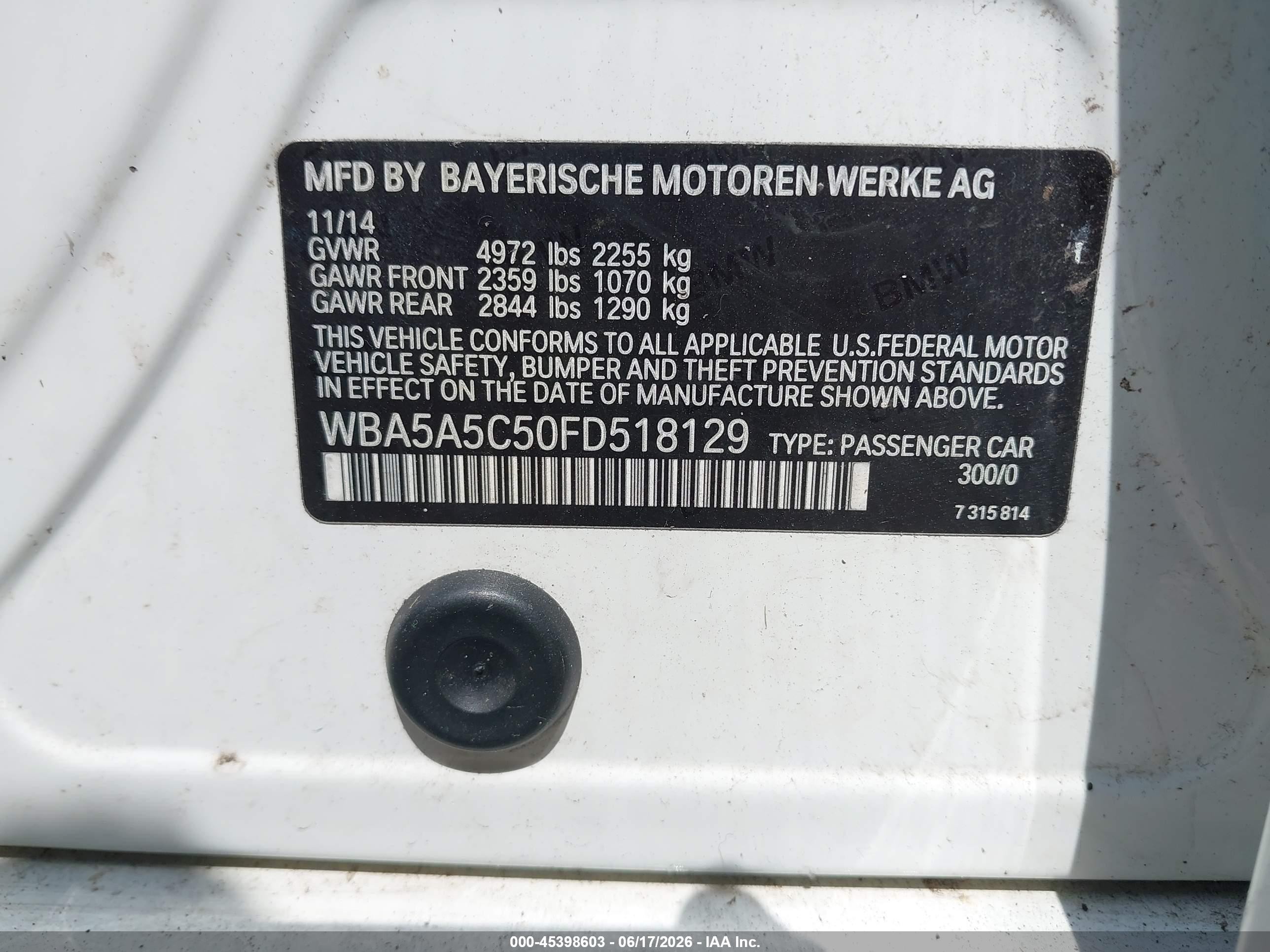 2015 Bmw 528i   White vin: WBA5A5C50FD518129