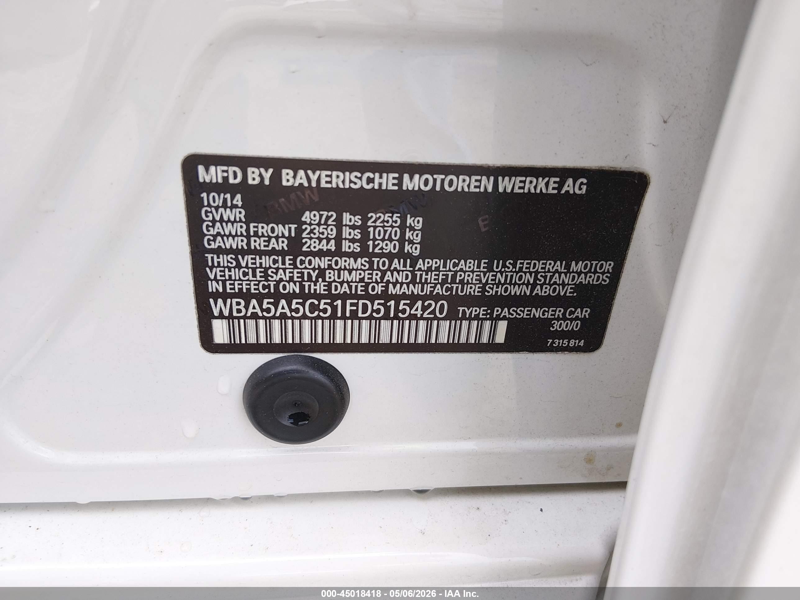 2015 Bmw 528i   White vin: WBA5A5C51FD515420
