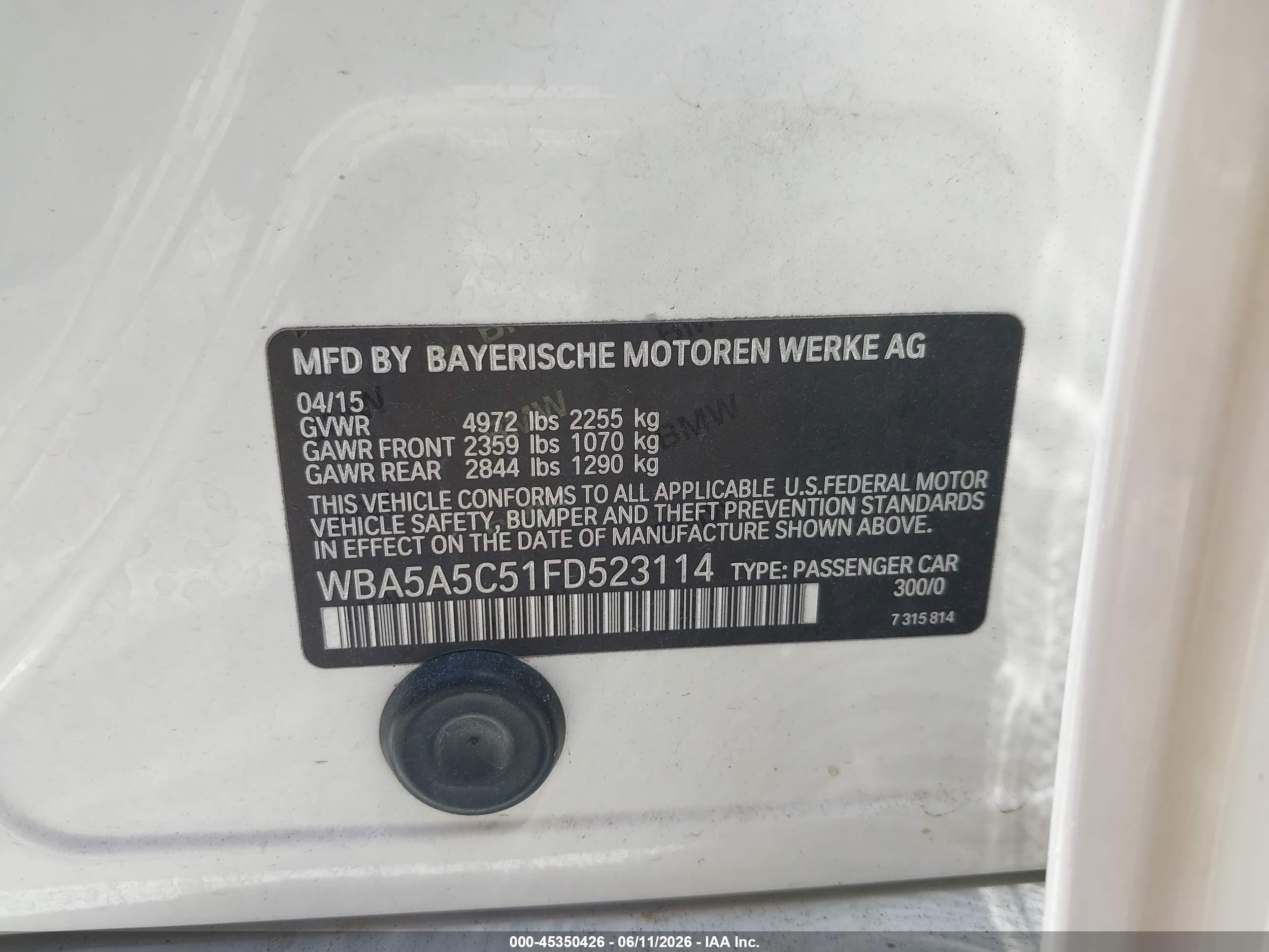 2015 Bmw 528i   White vin: WBA5A5C51FD523114