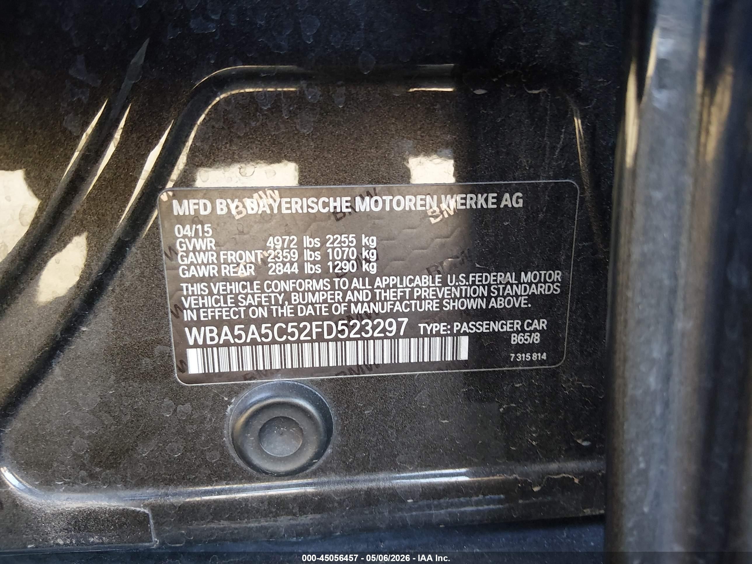 2015 Bmw 528i   Черный vin: WBA5A5C52FD523297
