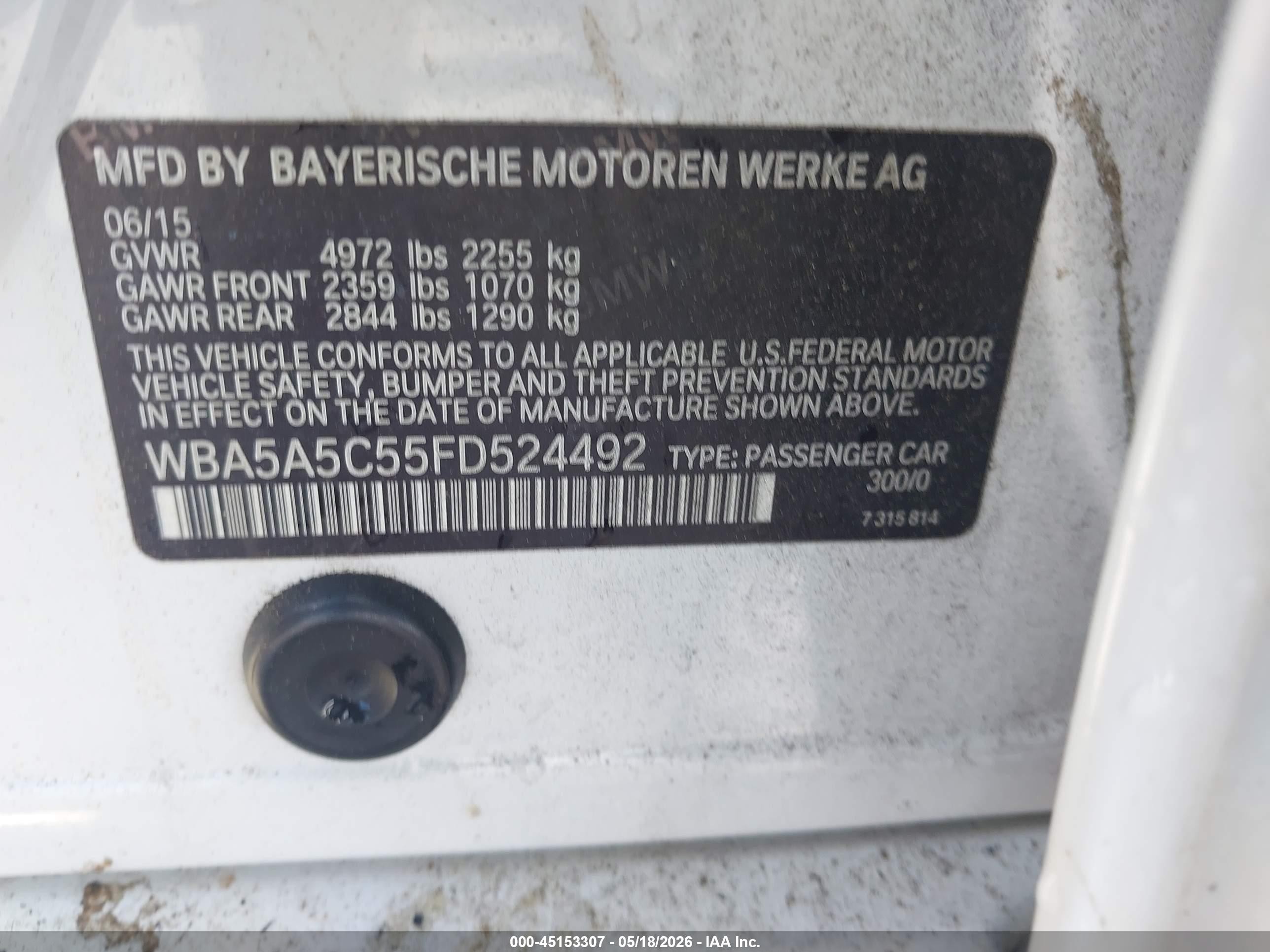 2015 Bmw 528i   White vin: WBA5A5C55FD524492