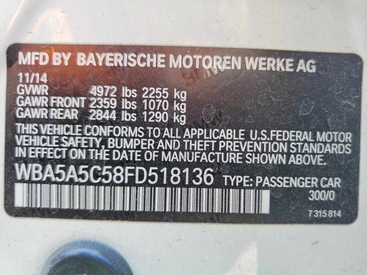 2015 Bmw 528 I White vin: WBA5A5C58FD518136