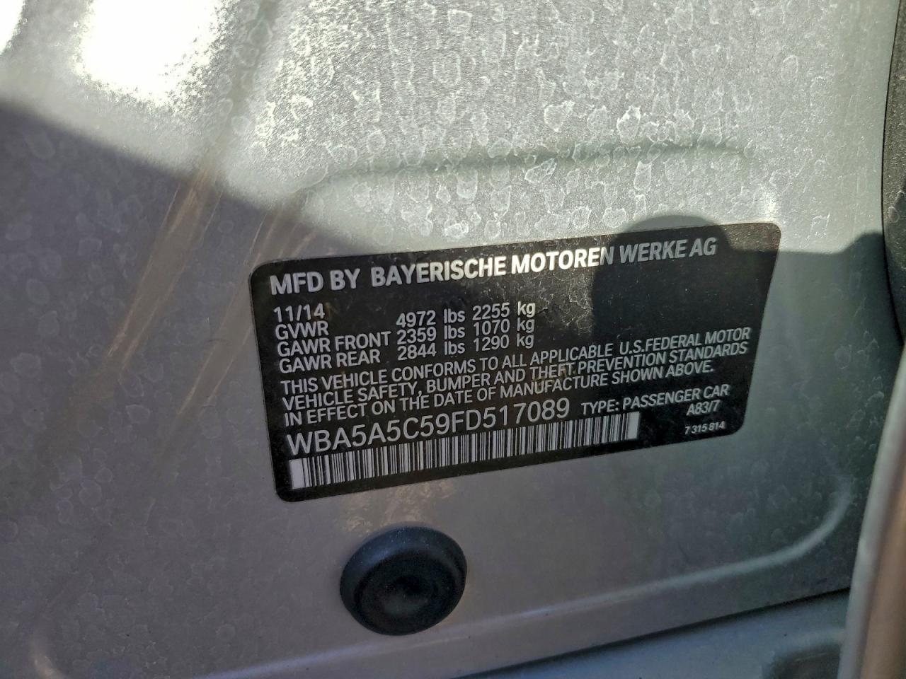 2015 Bmw 528 I Silver vin: WBA5A5C59FD517089