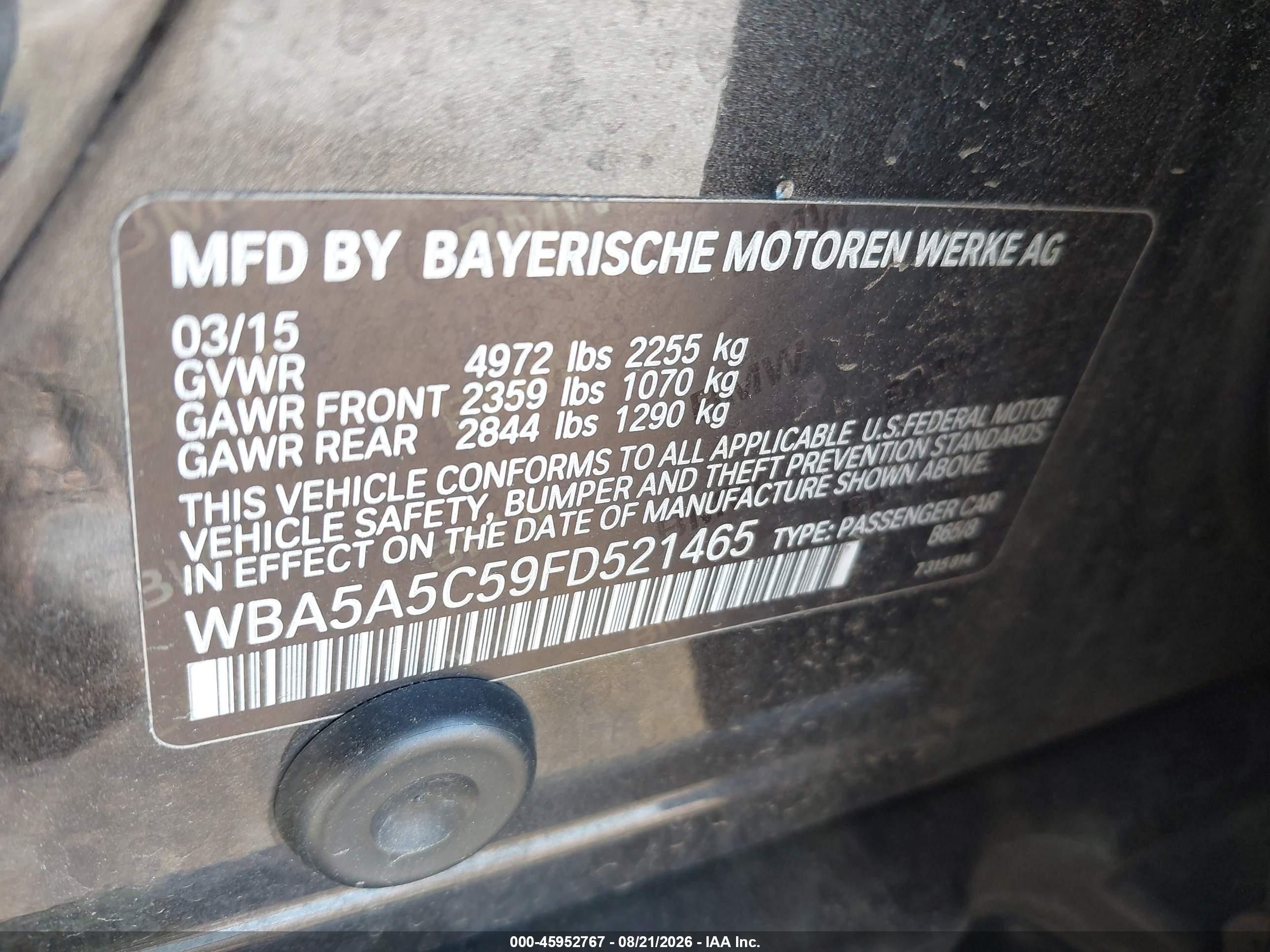 2015 Bmw 528i   Black vin: WBA5A5C59FD521465