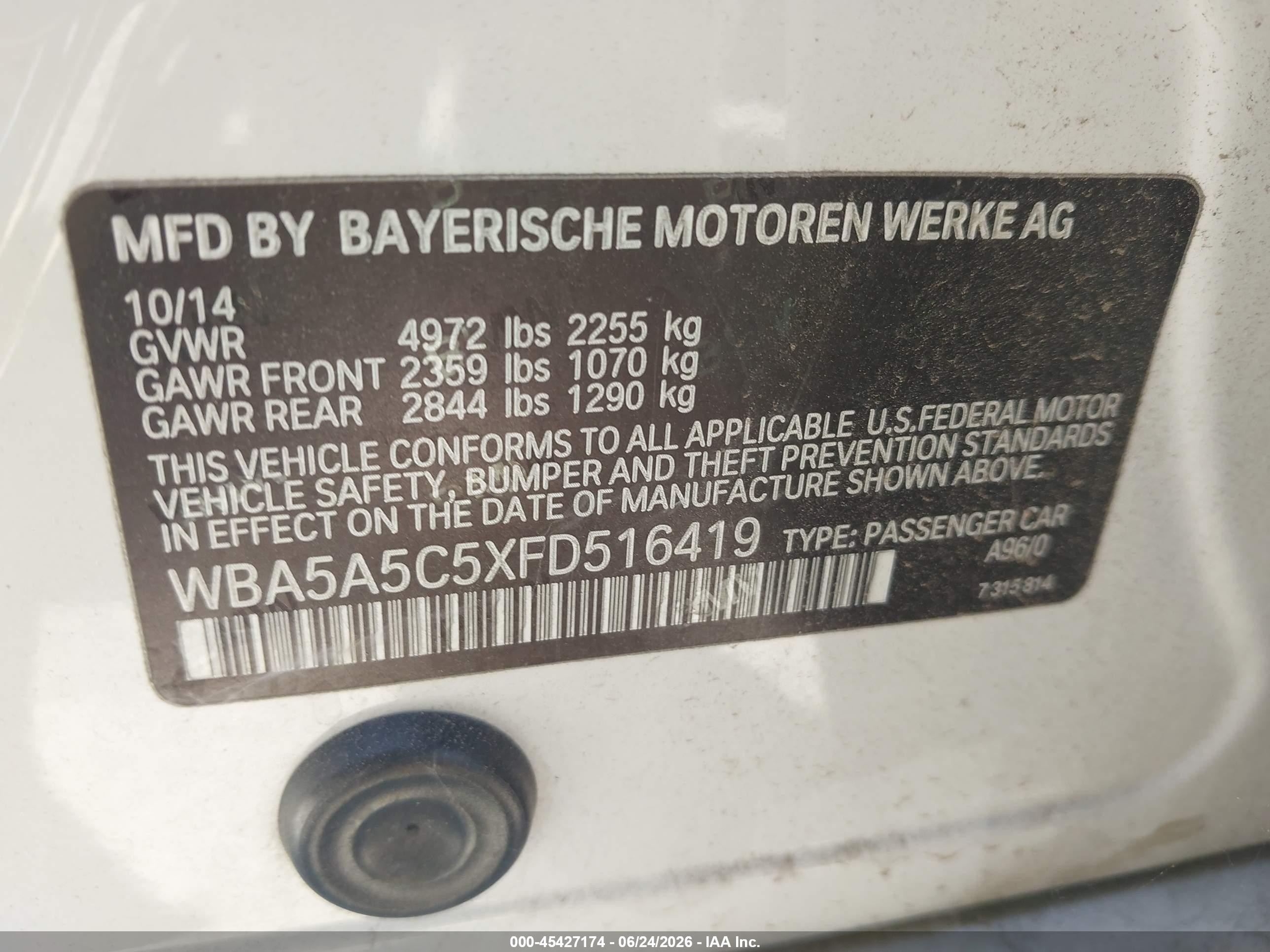 2015 Bmw 528i   White vin: WBA5A5C5XFD516419