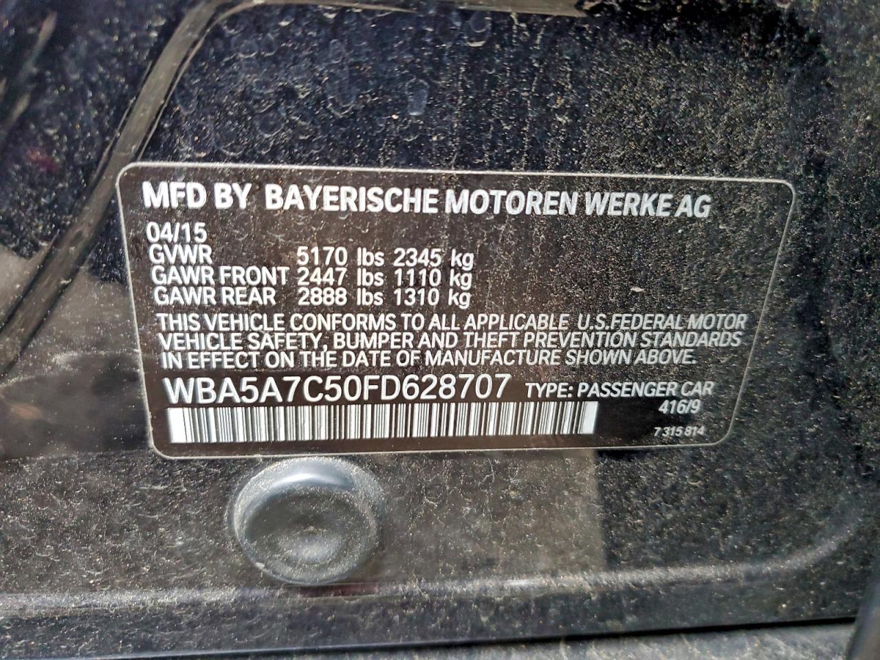 2015 Bmw 528 Xi Черный vin: WBA5A7C50FD628707