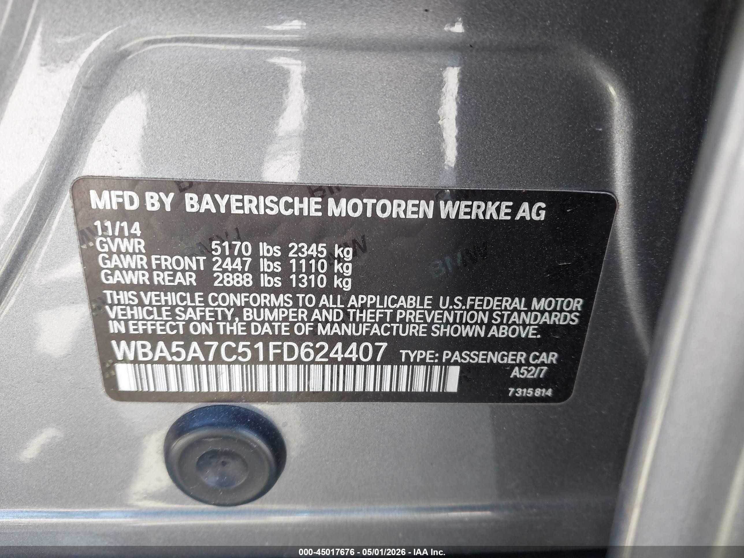 2015 Bmw 528i Xdrive Gray vin: WBA5A7C51FD624407