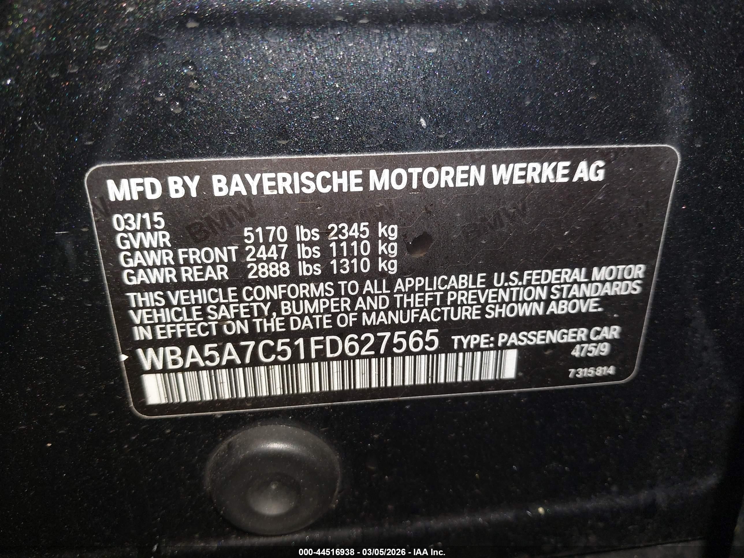 2015 Bmw 528i Xdrive Black vin: WBA5A7C51FD627565