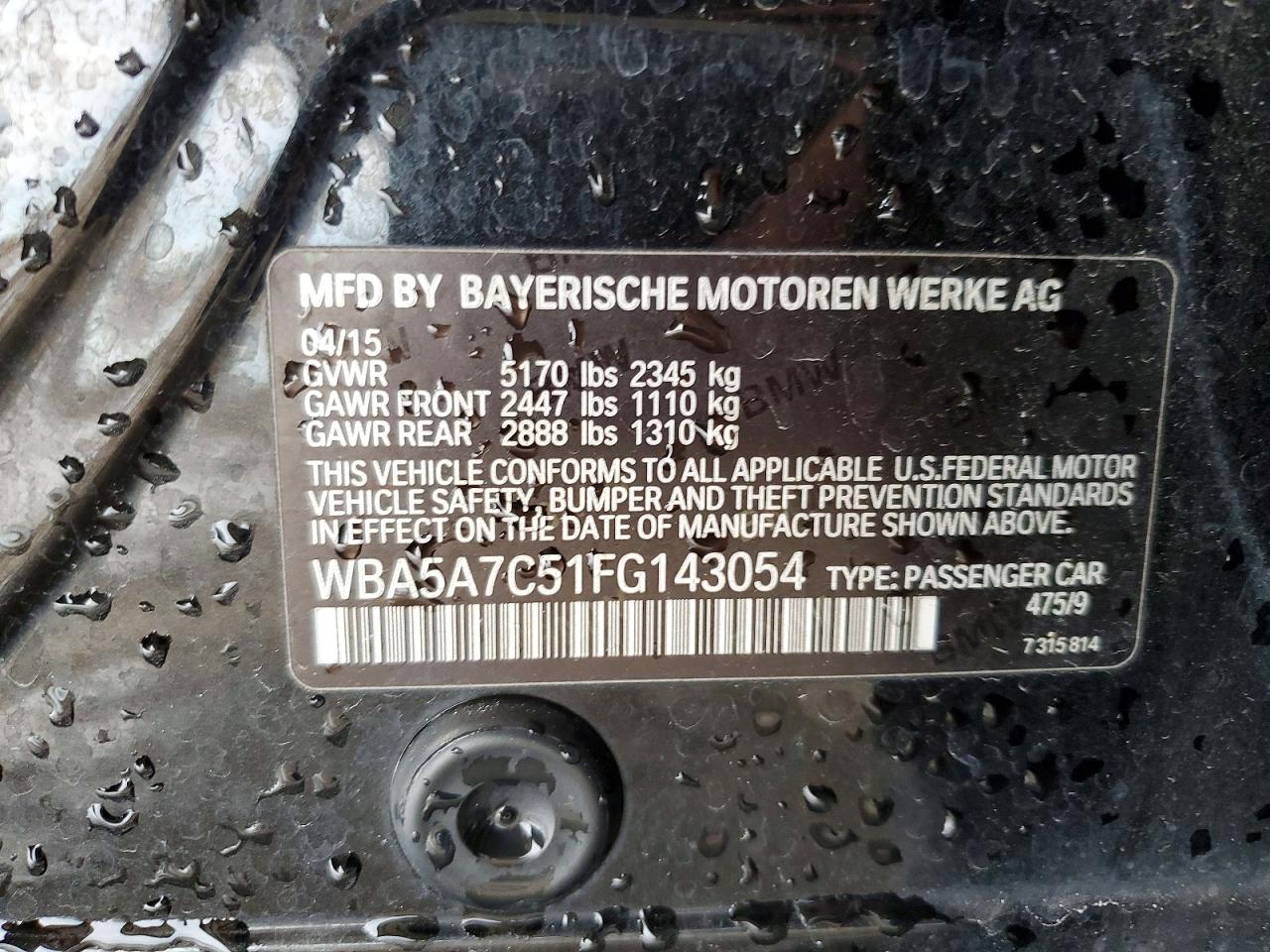 2015 Bmw 528 Xi Черный vin: WBA5A7C51FG143054