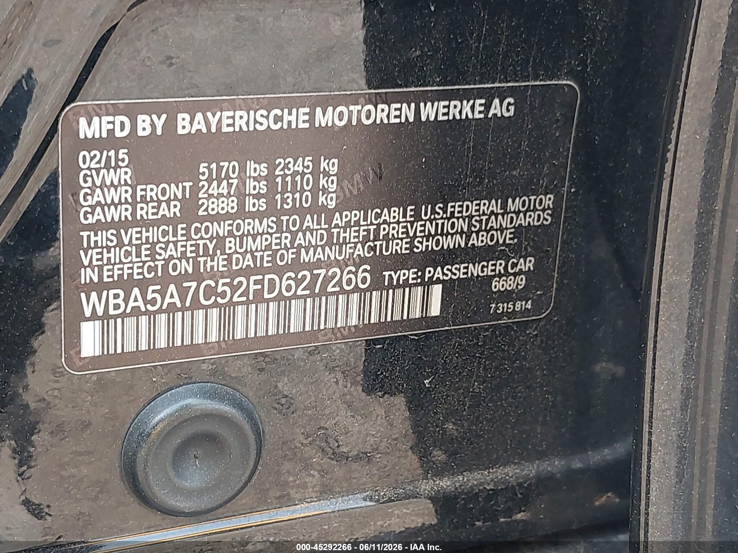 2015 Bmw 528i Xdrive Black vin: WBA5A7C52FD627266