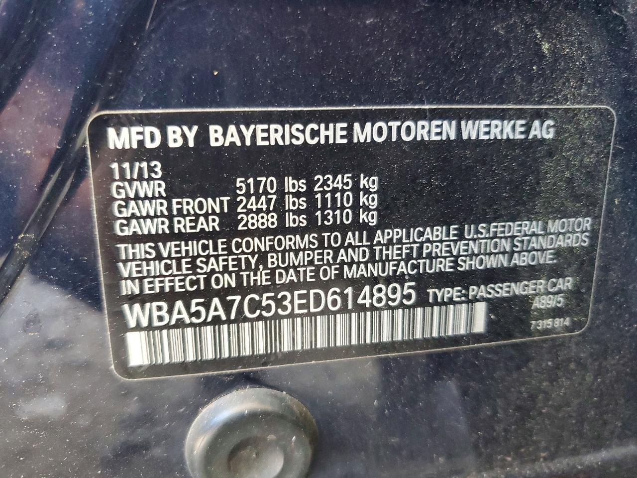 2014 Bmw 528 Blue vin: WBA5A7C53ED614895