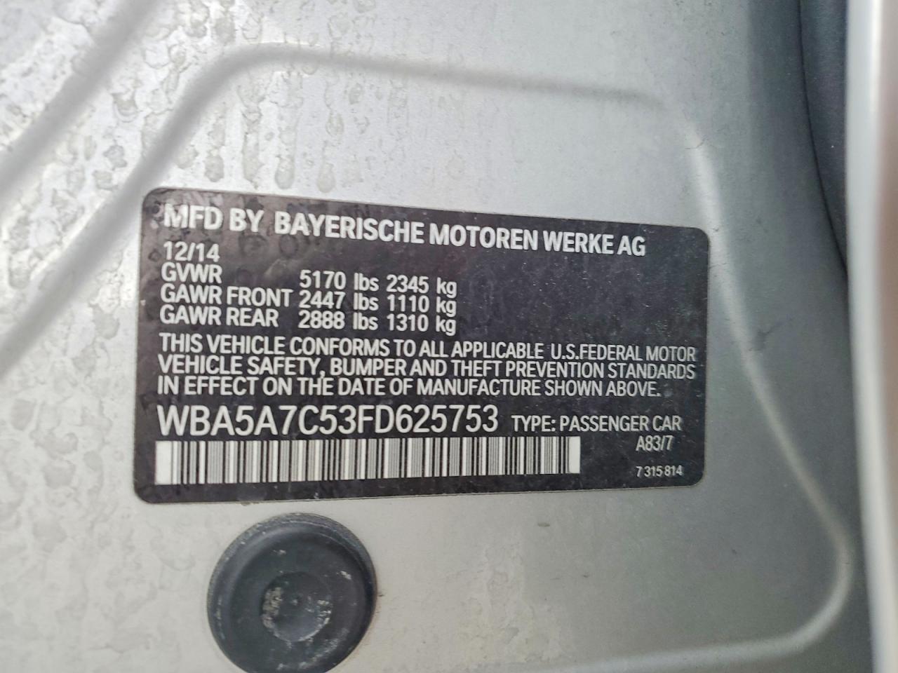 2015 Bmw 528 Xi Silver vin: WBA5A7C53FD625753