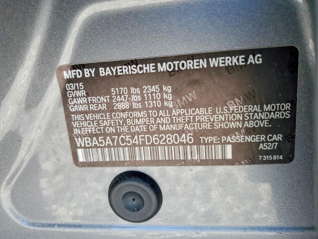 2015 Bmw 528 Xi Серый vin: WBA5A7C54FD628046