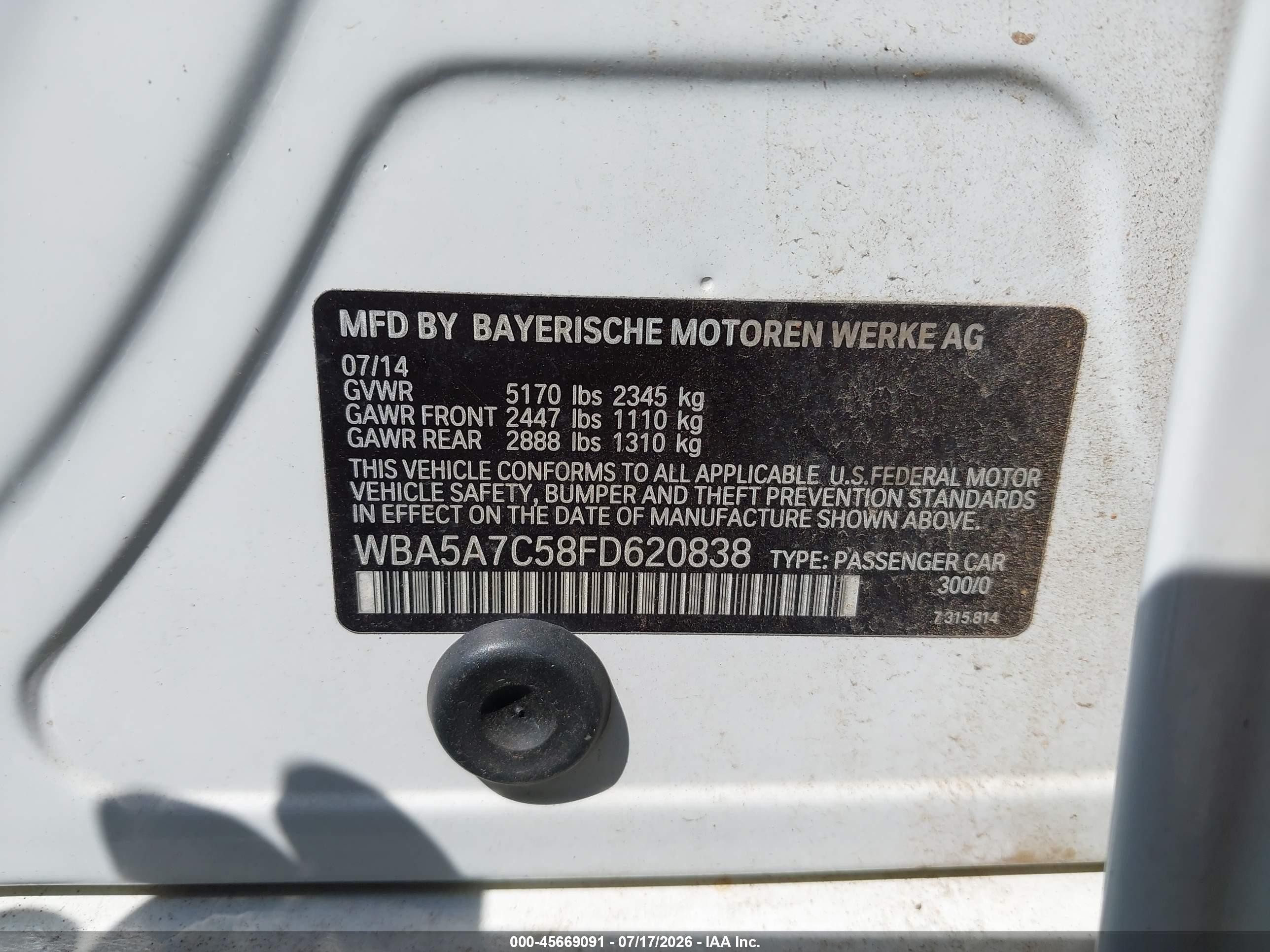 2015 Bmw 528i Xdrive vin: WBA5A7C58FD620838