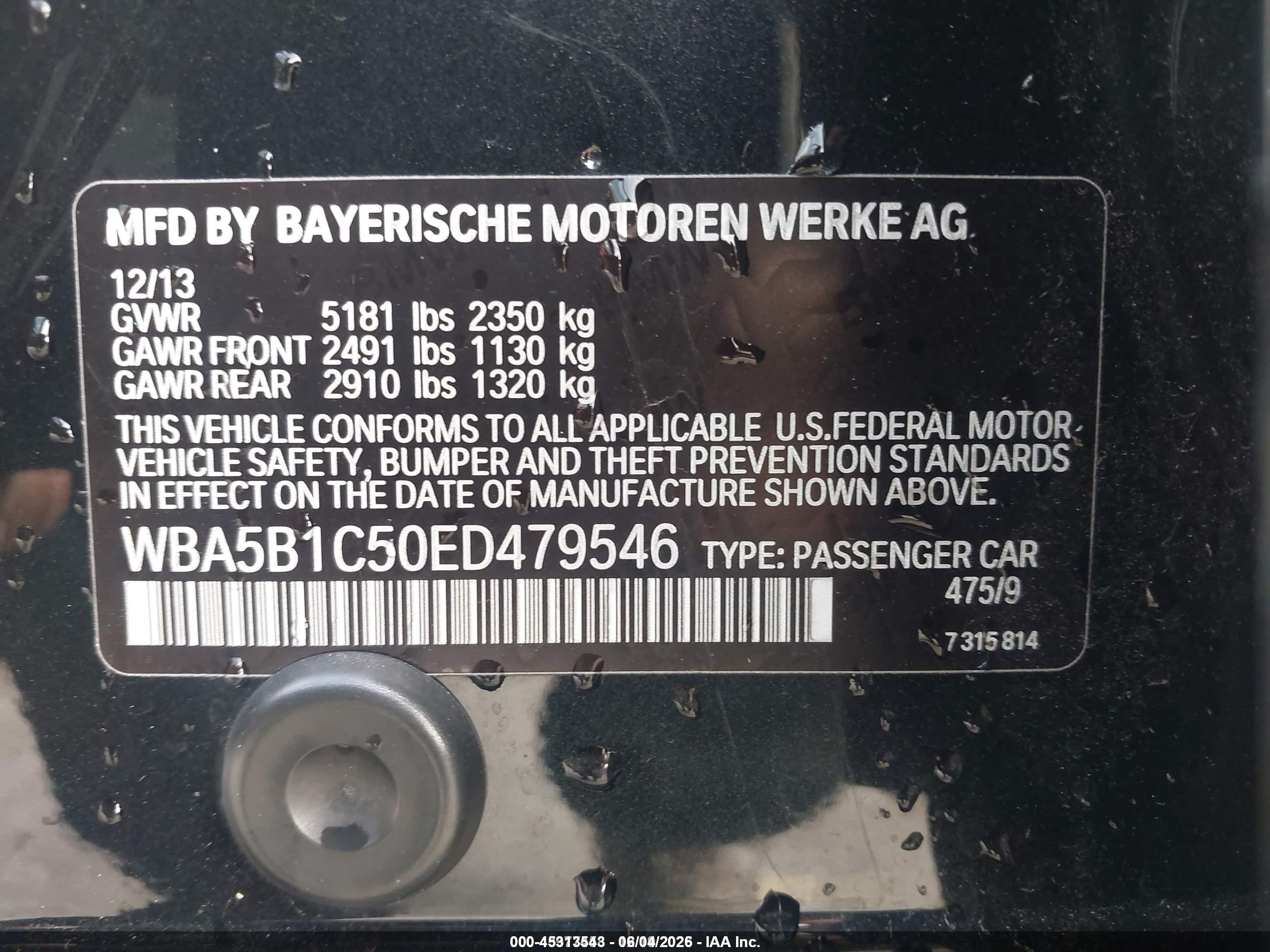 2014 Bmw 535i   Черный vin: WBA5B1C50ED479546
