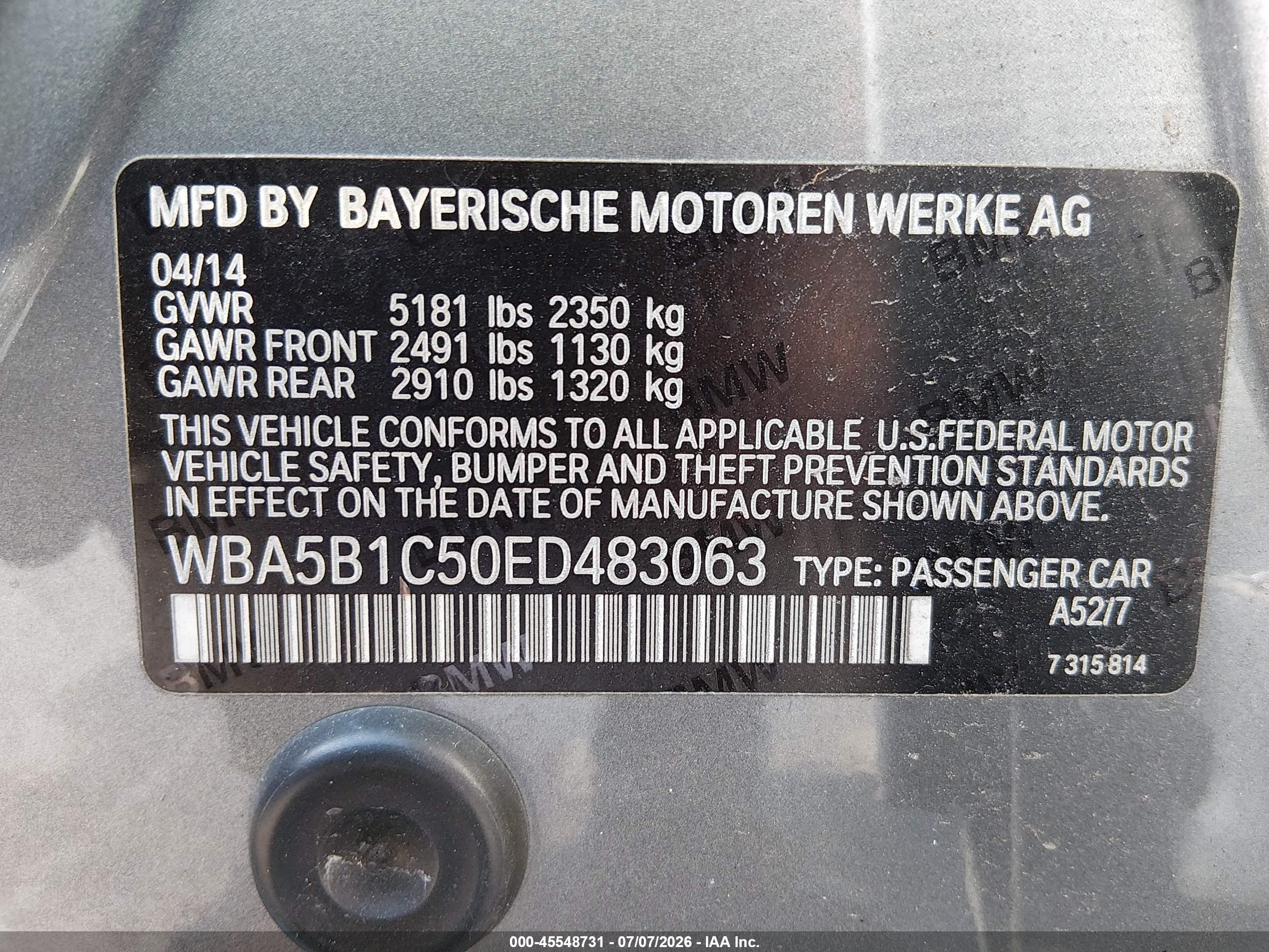 2014 Bmw 535i   Gray vin: WBA5B1C50ED483063