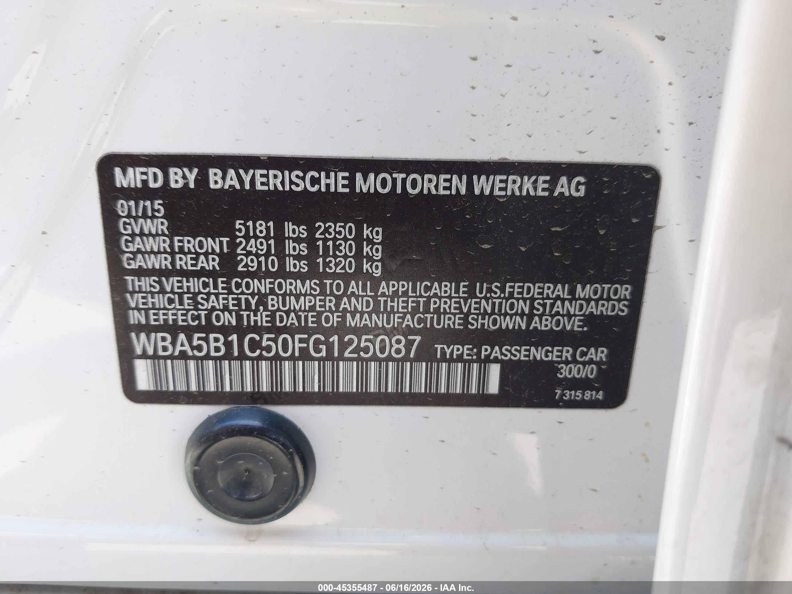 2015 Bmw 535i   White vin: WBA5B1C50FG125087