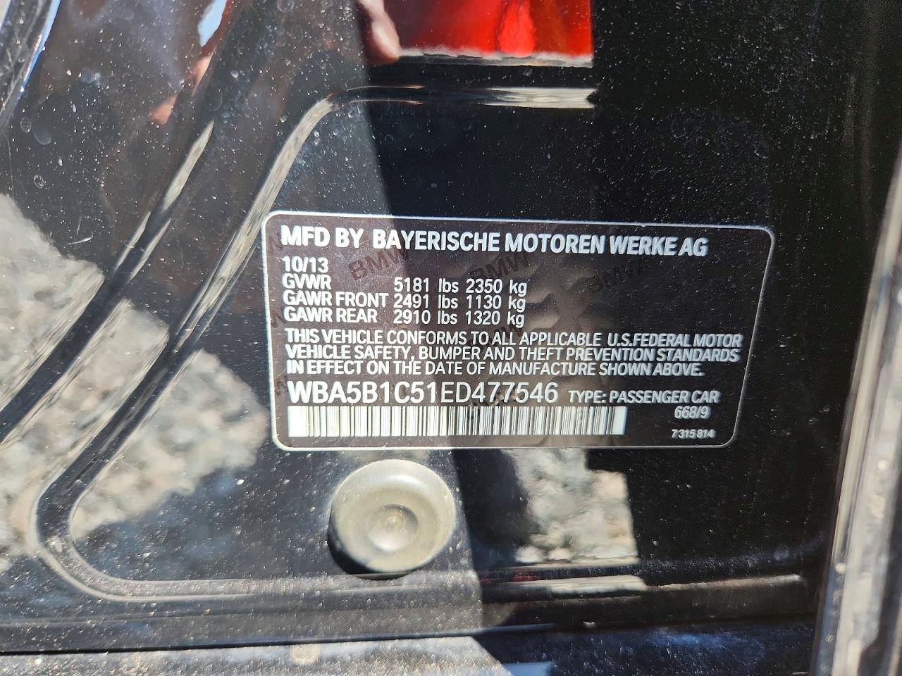2014 Bmw 535 I Черный vin: WBA5B1C51ED477546