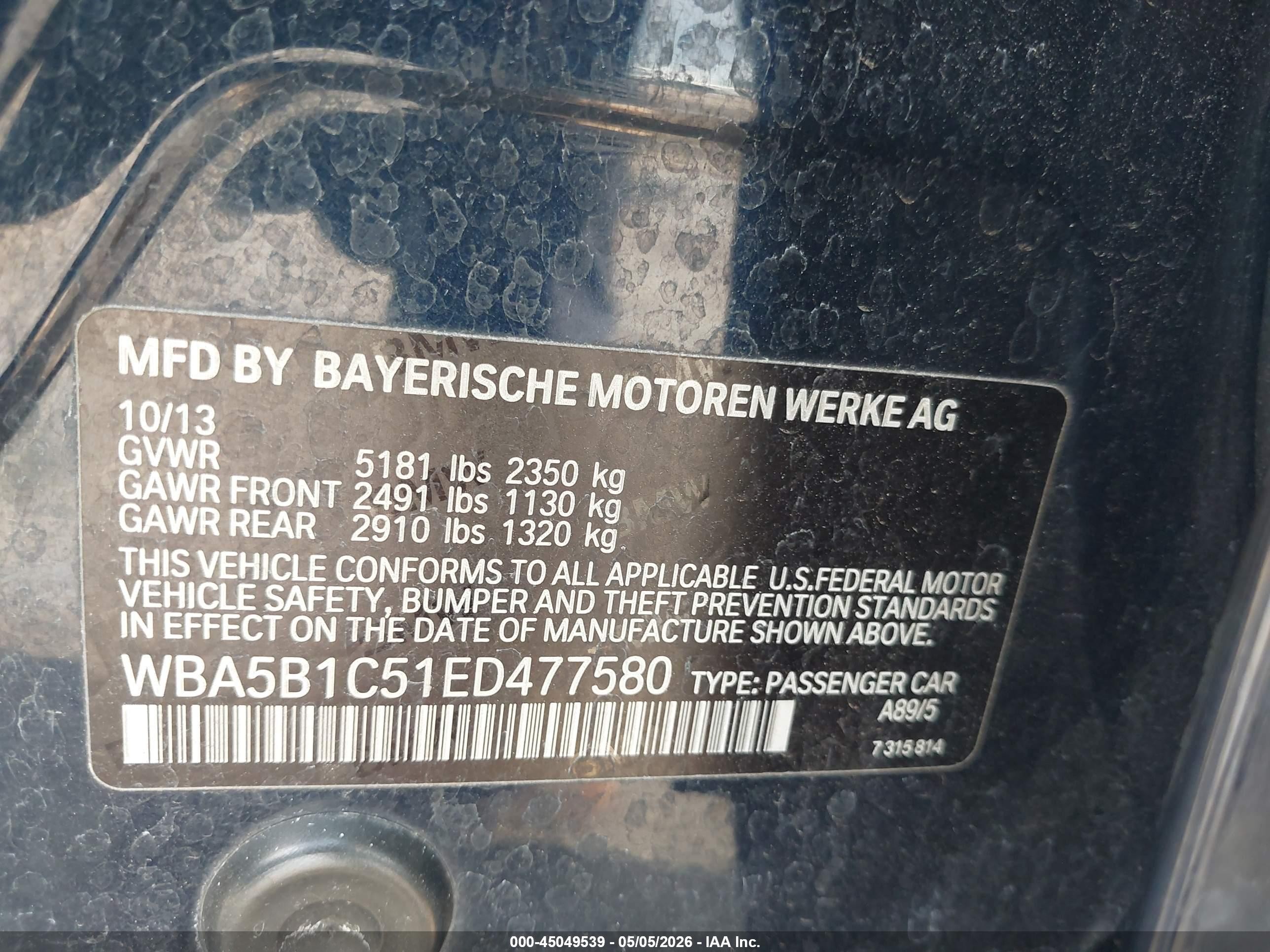 2014 Bmw 535i Dark Blue vin: WBA5B1C51ED477580