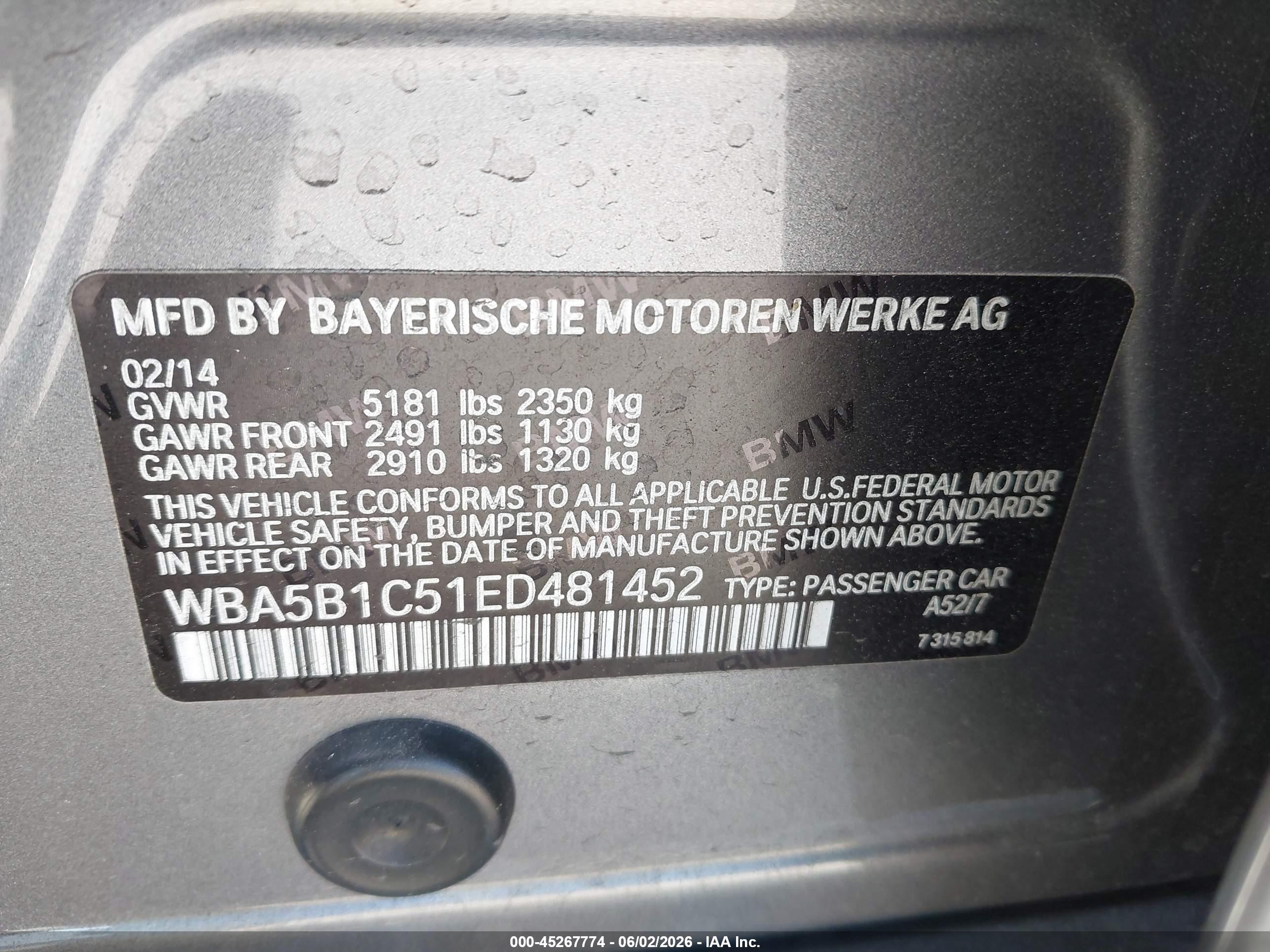 2014 Bmw 535i Gray vin: WBA5B1C51ED481452