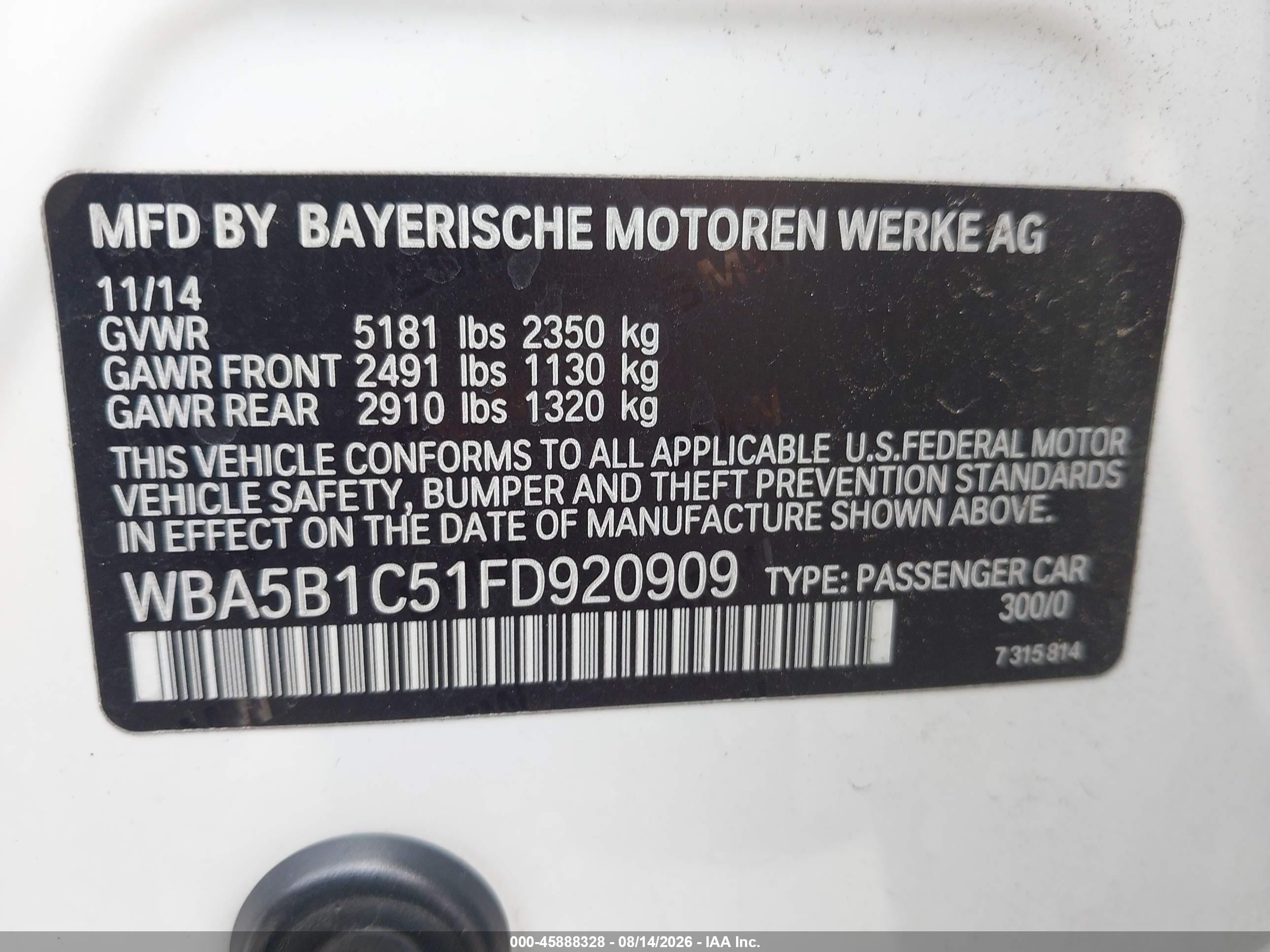 2015 Bmw 535i   White vin: WBA5B1C51FD920909