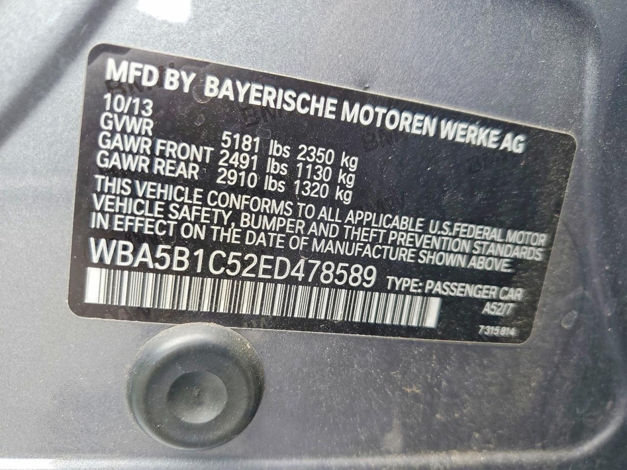 2014 Bmw 535 I Silver vin: WBA5B1C52ED478589