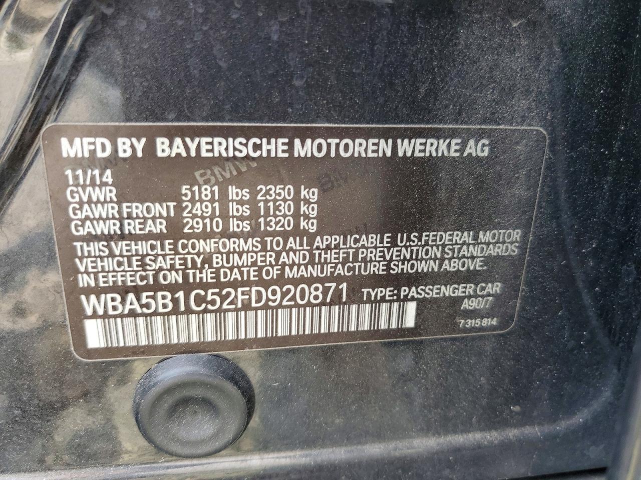 2015 Bmw 535 I Charcoal vin: WBA5B1C52FD920871