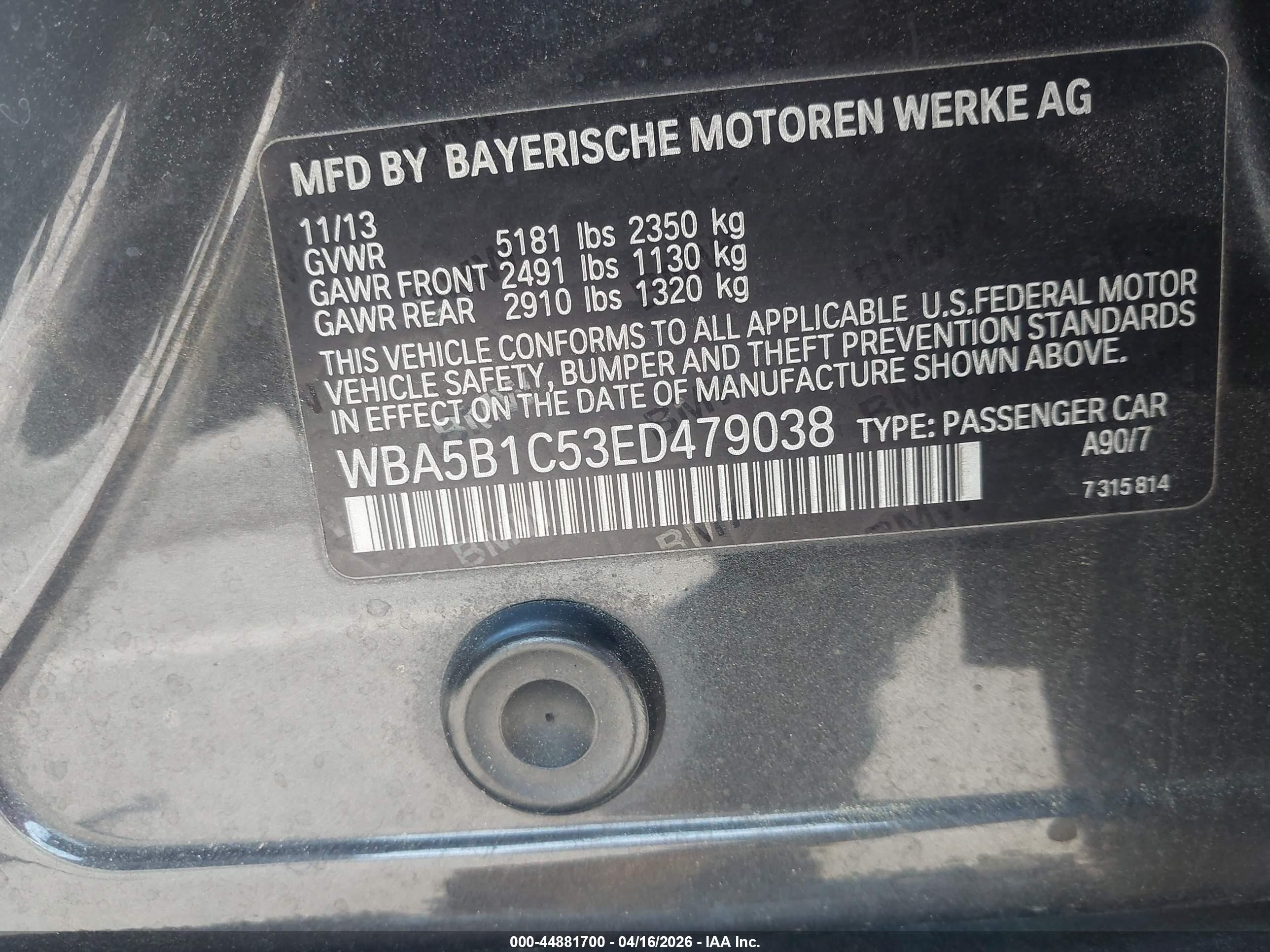 2014 Bmw 535i   Gray vin: WBA5B1C53ED479038