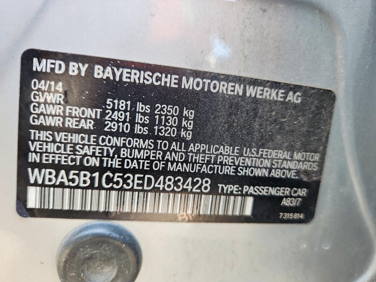 2014 Bmw 535 I Silver vin: WBA5B1C53ED483428