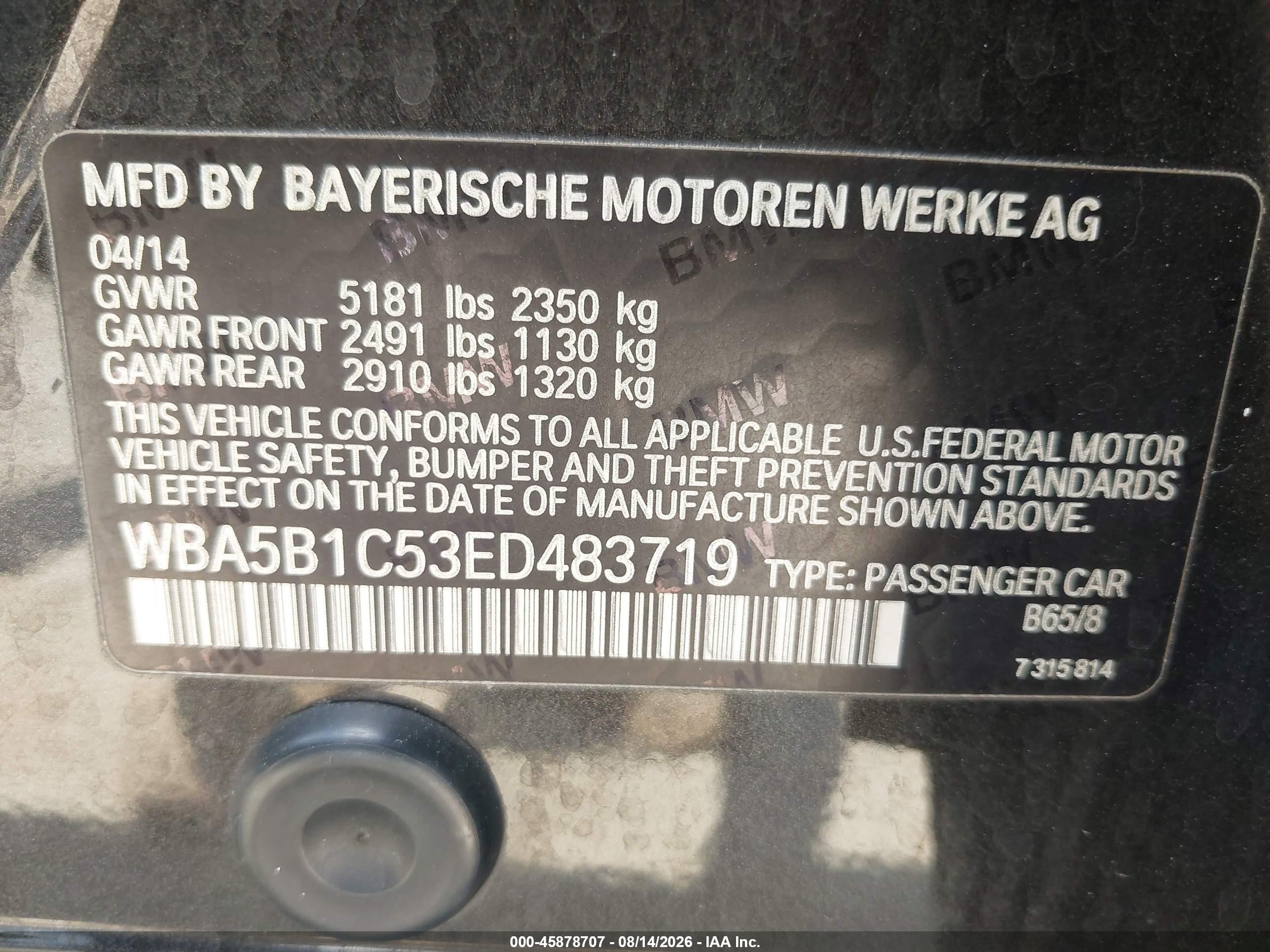 2014 Bmw 535i Black vin: WBA5B1C53ED483719