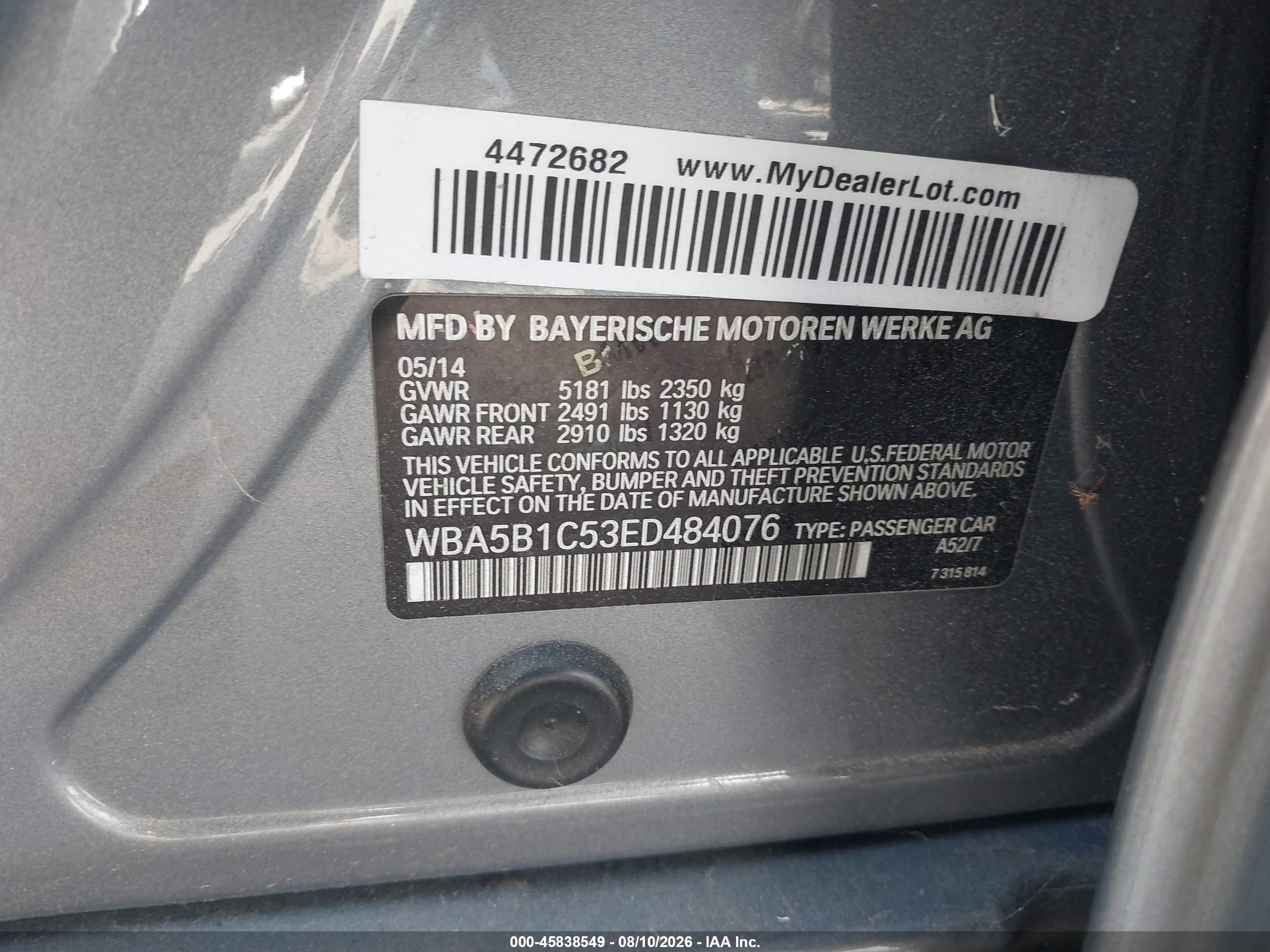 2014 Bmw 535i   Gray vin: WBA5B1C53ED484076