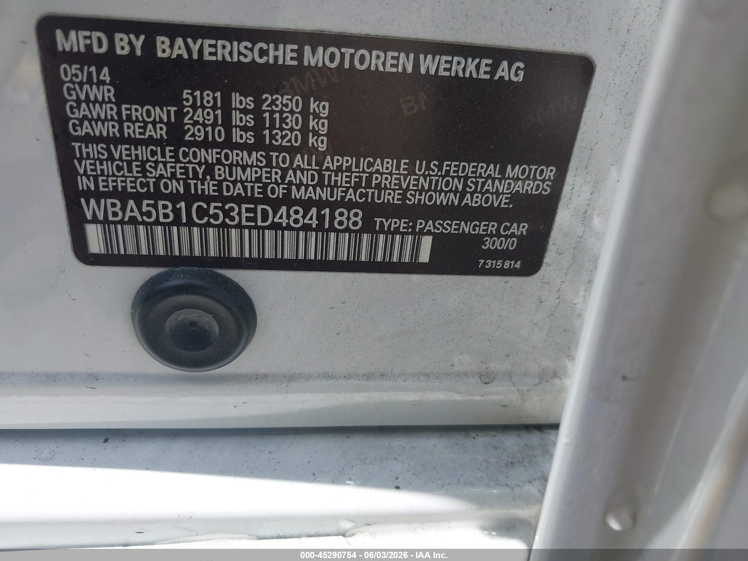 2014 Bmw 535i   White vin: WBA5B1C53ED484188
