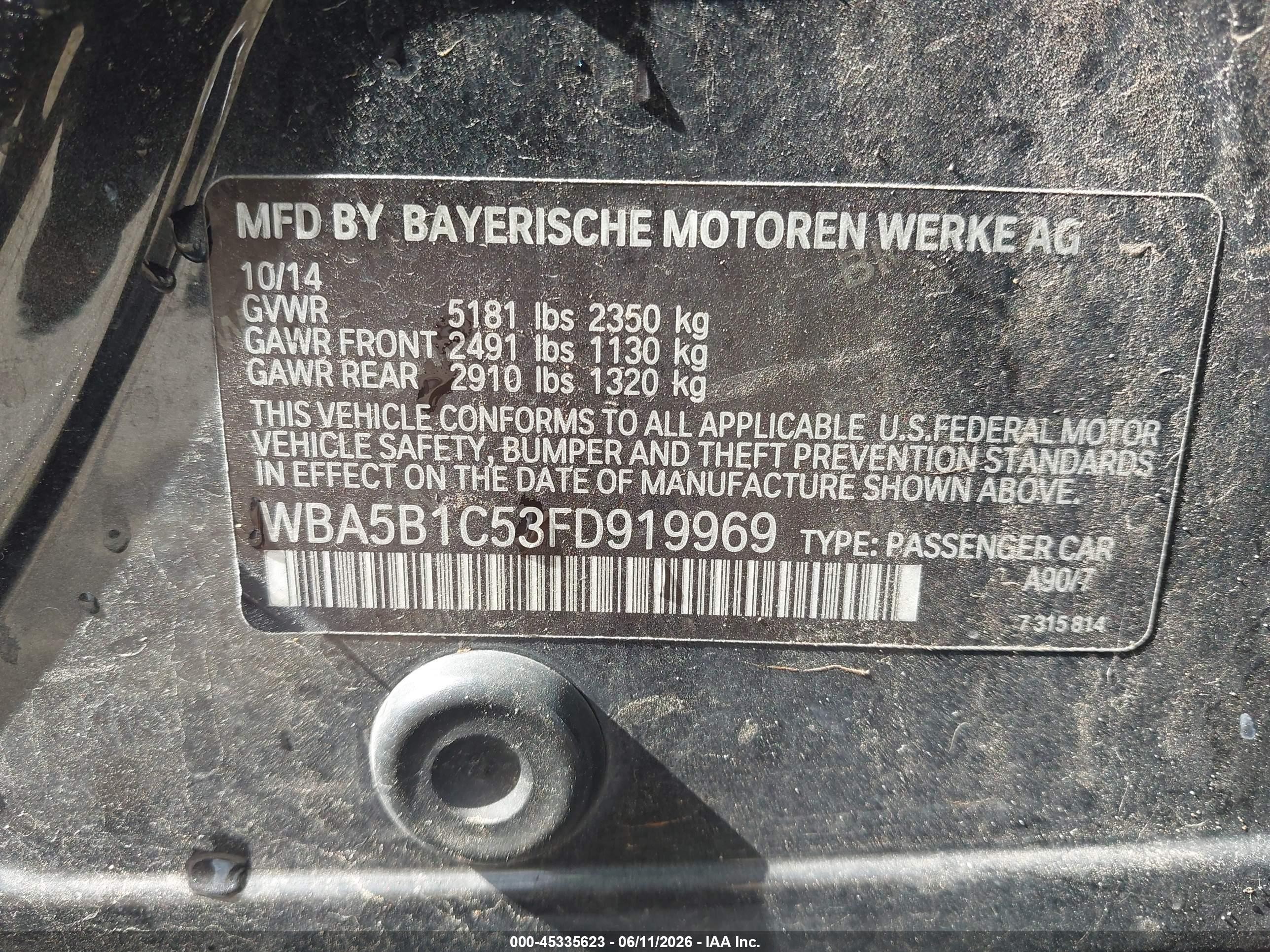 2015 Bmw 535i Gray vin: WBA5B1C53FD919969