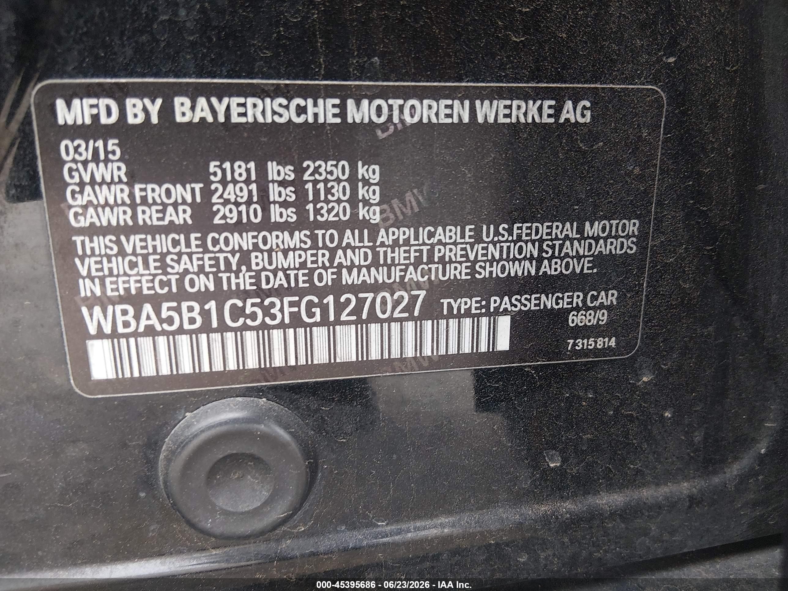 2015 Bmw 535i Black vin: WBA5B1C53FG127027