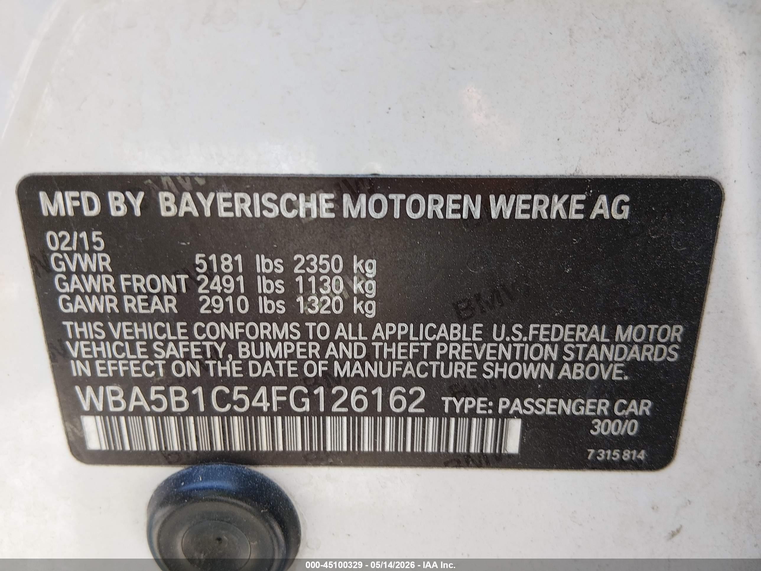 2015 Bmw 535i   White vin: WBA5B1C54FG126162