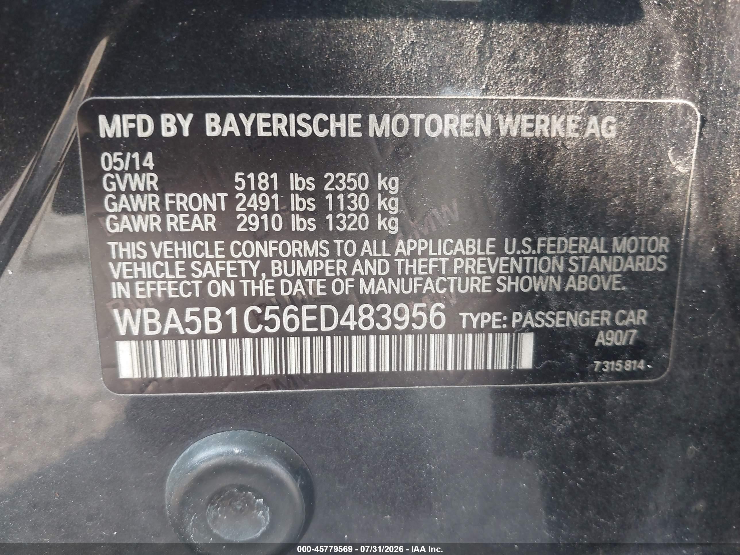 2014 Bmw 535i   Black vin: WBA5B1C56ED483956