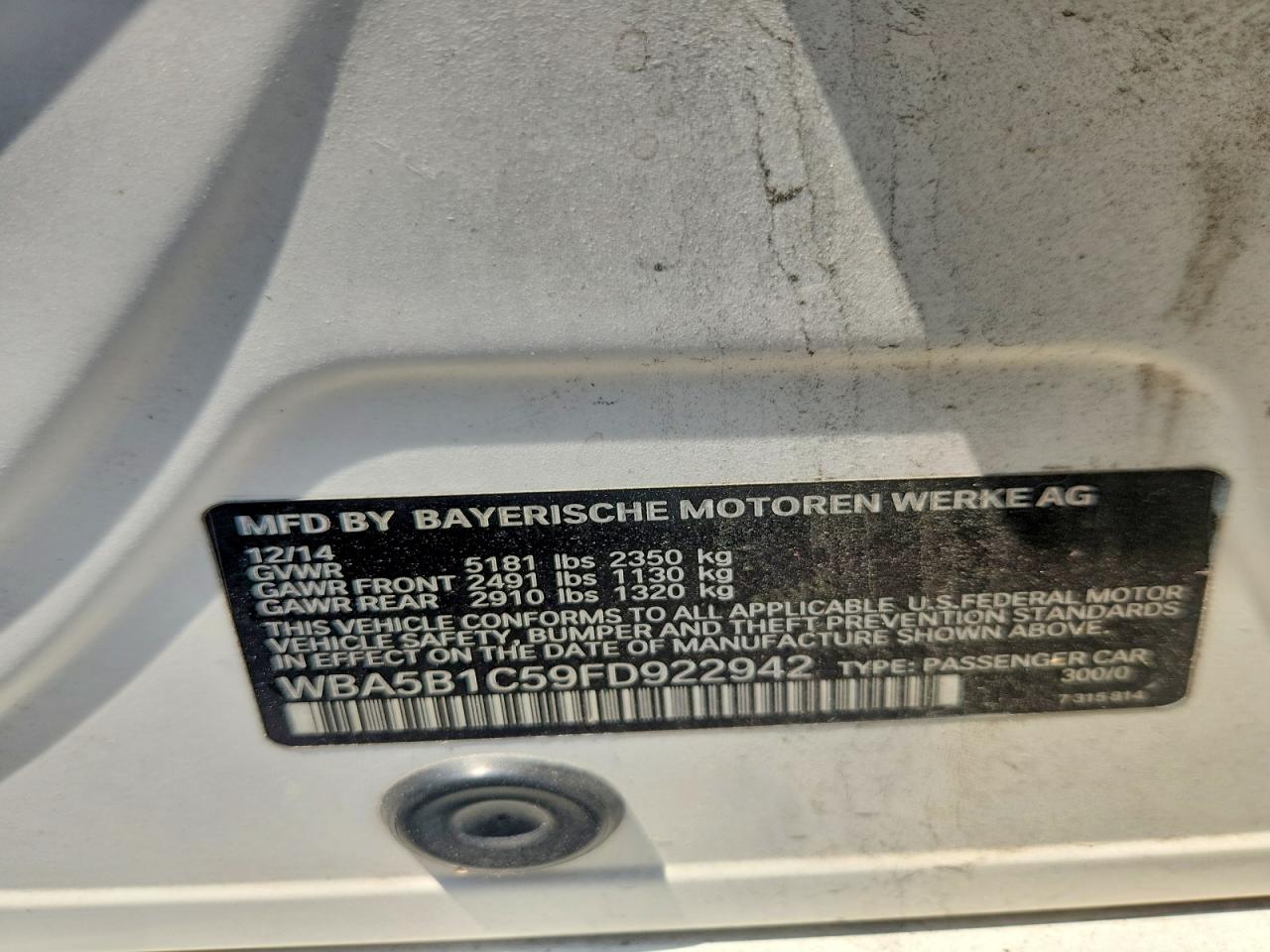 2015 Bmw 535i Белый vin: WBA5B1C59FD922942
