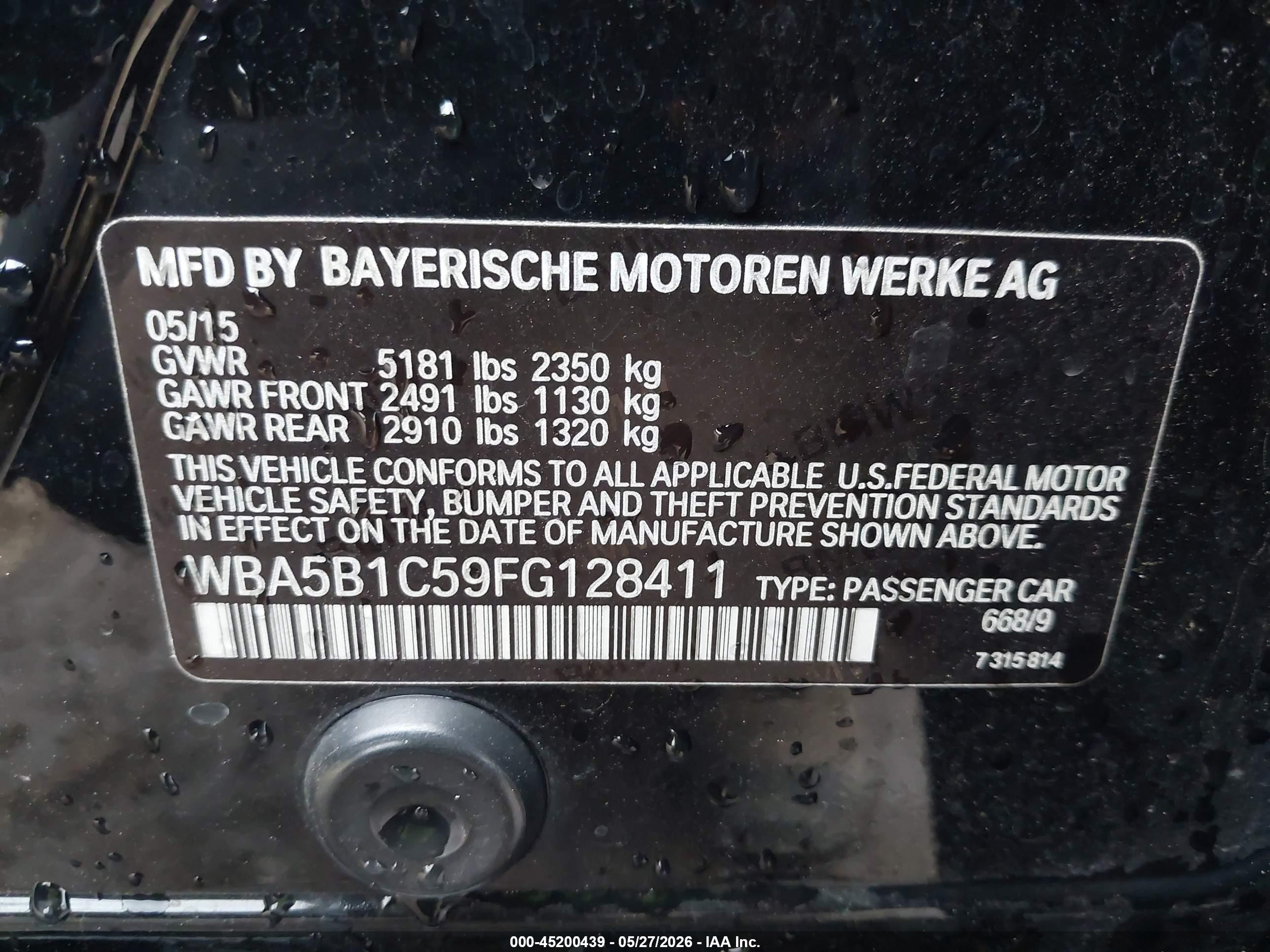 2015 Bmw 535i   Черный vin: WBA5B1C59FG128411