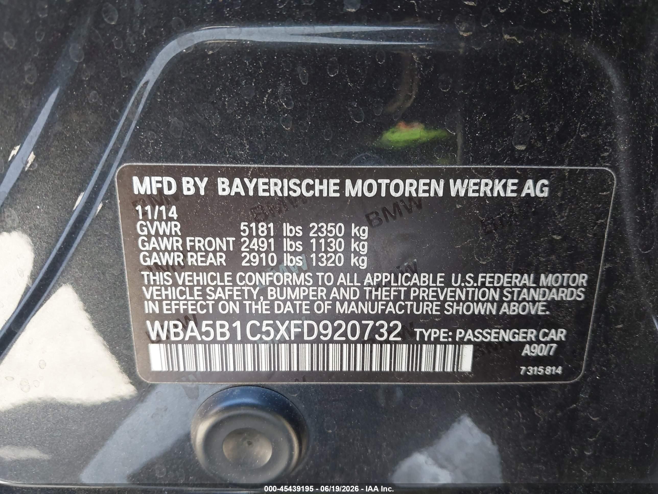 2015 Bmw 535i Black vin: WBA5B1C5XFD920732