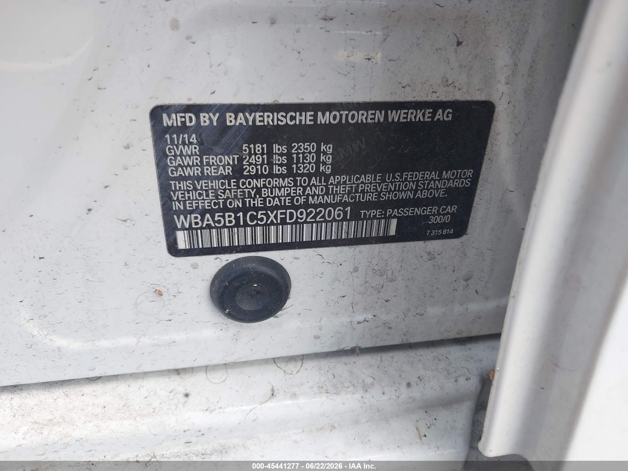 2015 Bmw 535i   White vin: WBA5B1C5XFD922061