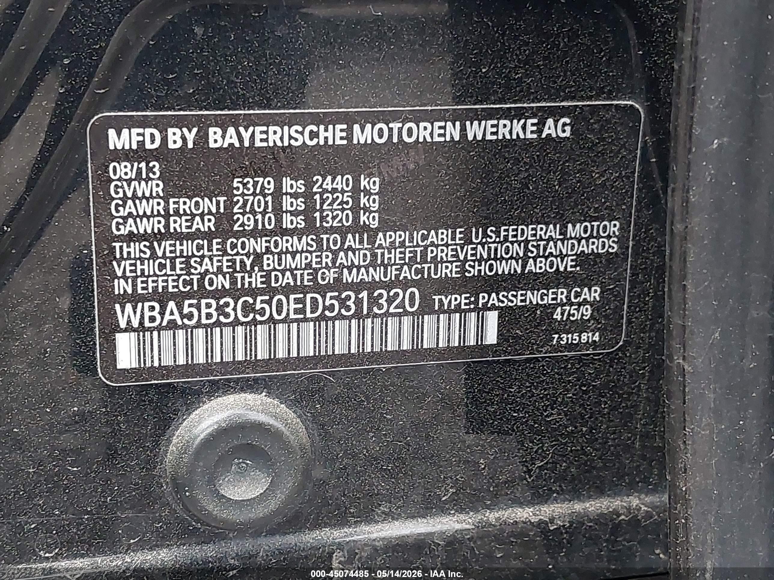 2014 Bmw 535i Xdrive Black vin: WBA5B3C50ED531320