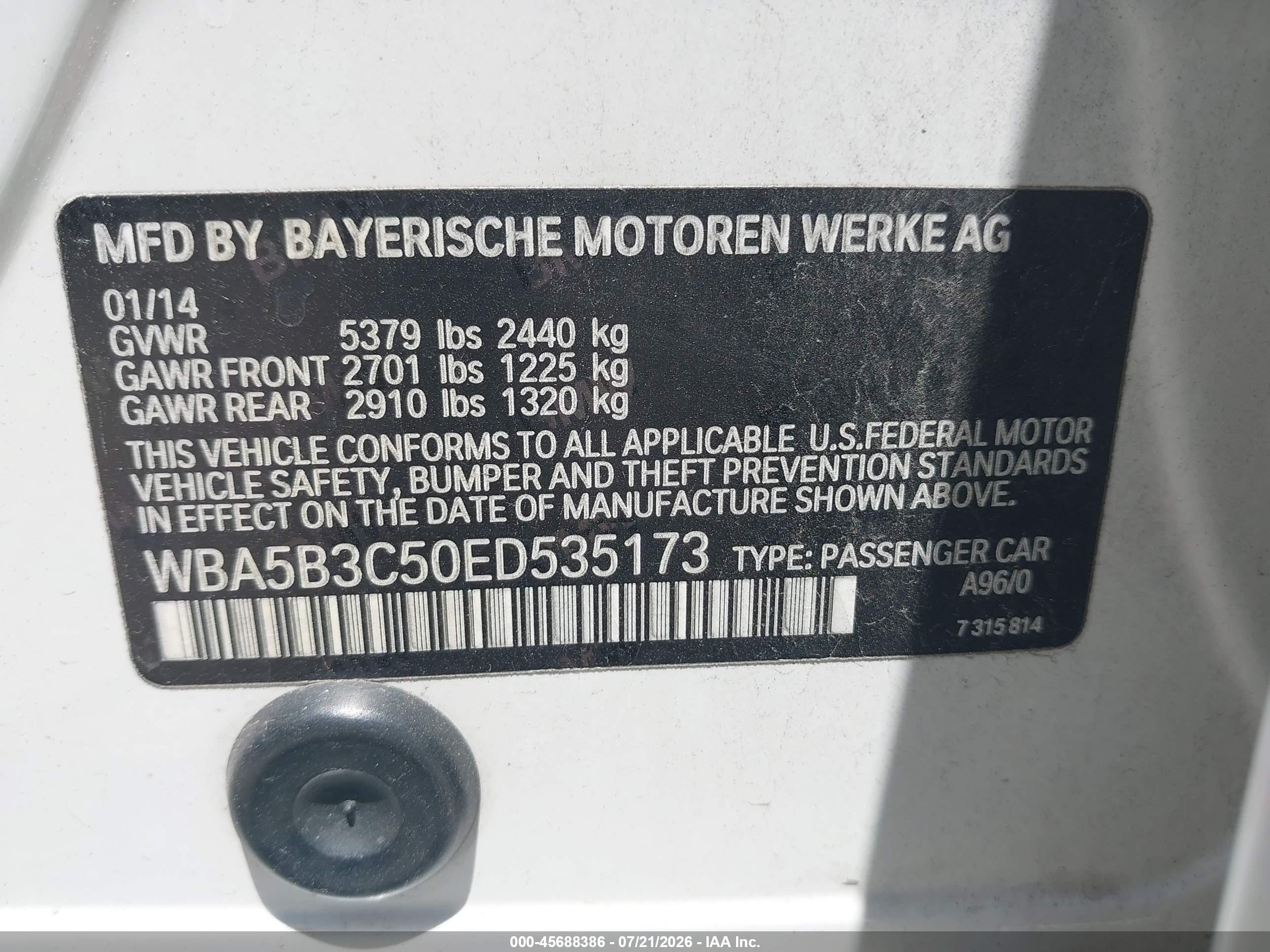 2014 Bmw 535i Xdrive White vin: WBA5B3C50ED535173
